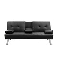Mega Futon Sofa Bed, Modern Faux Leather Convertible Folding Lounge Sofa For Living Room With 2 Cup Holders Removable Soft Armrests And Sturdy Metal Legs, Charming Black. Black Foam Pu
