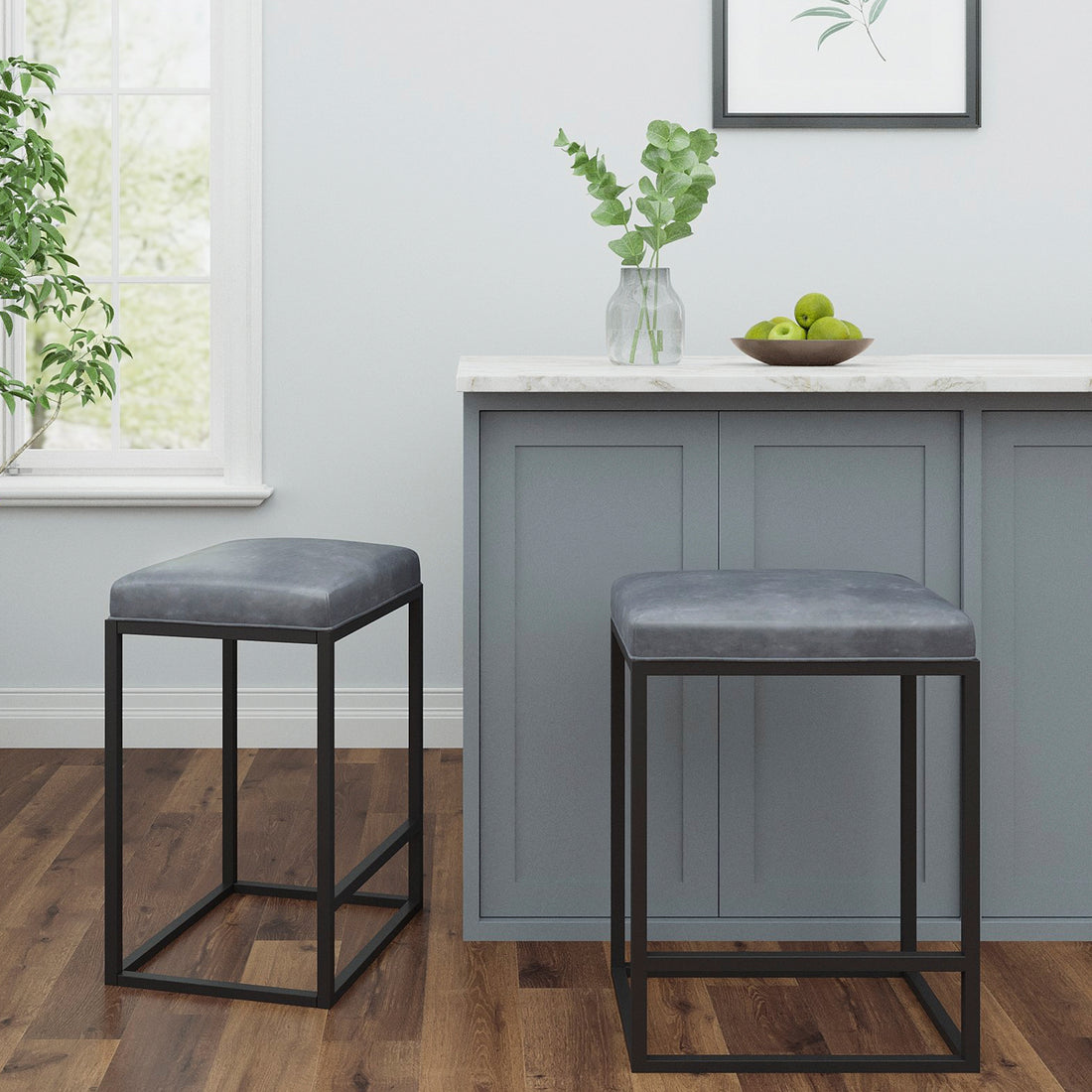 Set Of 2 Riley Indoor Grey Metal Faux Leather Bar Stools Grey Metal