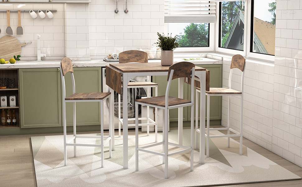 Farmhouse 5 Piece Counter Height Drop Leaf Dining Table Set With Dining Chairs For 4,White Frame Rustic Brown Tabletop Rustic Brown Solid Back Seats 4 Metal Dining Room Drop Leaf Folding Farmhouse 4 Leg Rectangular Dining Table With Chair Metal