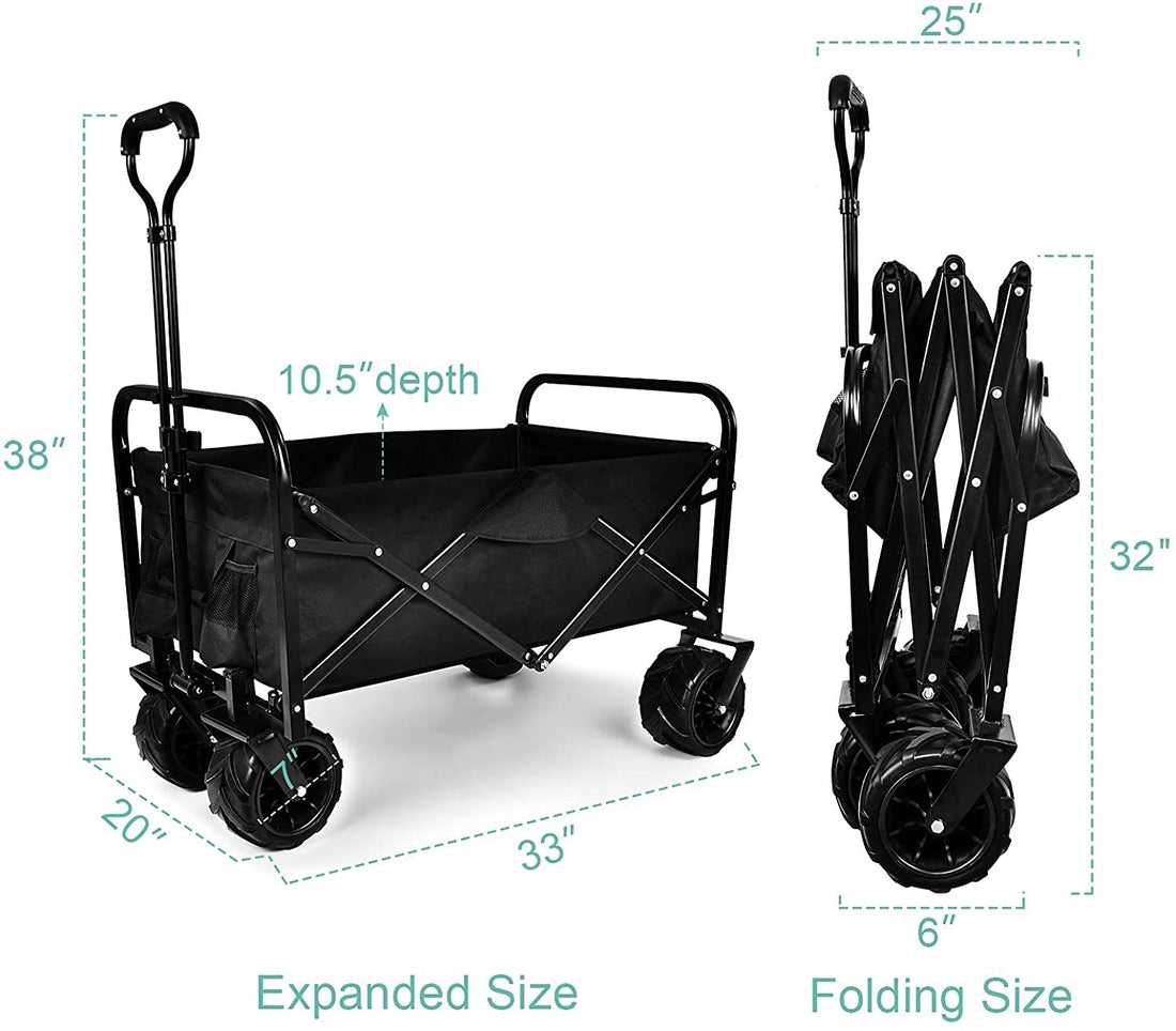 Yssoa Heavy Duty Folding Portable Cart Wagon With 7'' Widened All Terrain Wheels Prevent To Sinking In The Sand, Adjustable Handles And Double Fabric For Shopping, Park, Beach, Camping, Black Black Steel