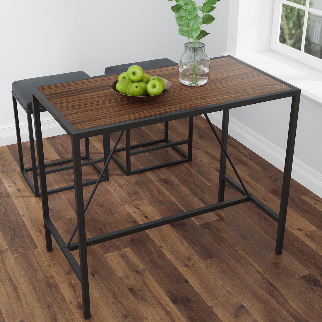 Riley Indoor Walnut Metal Pub Dining Table With Metal Frame Walnut Black Metal & Wood