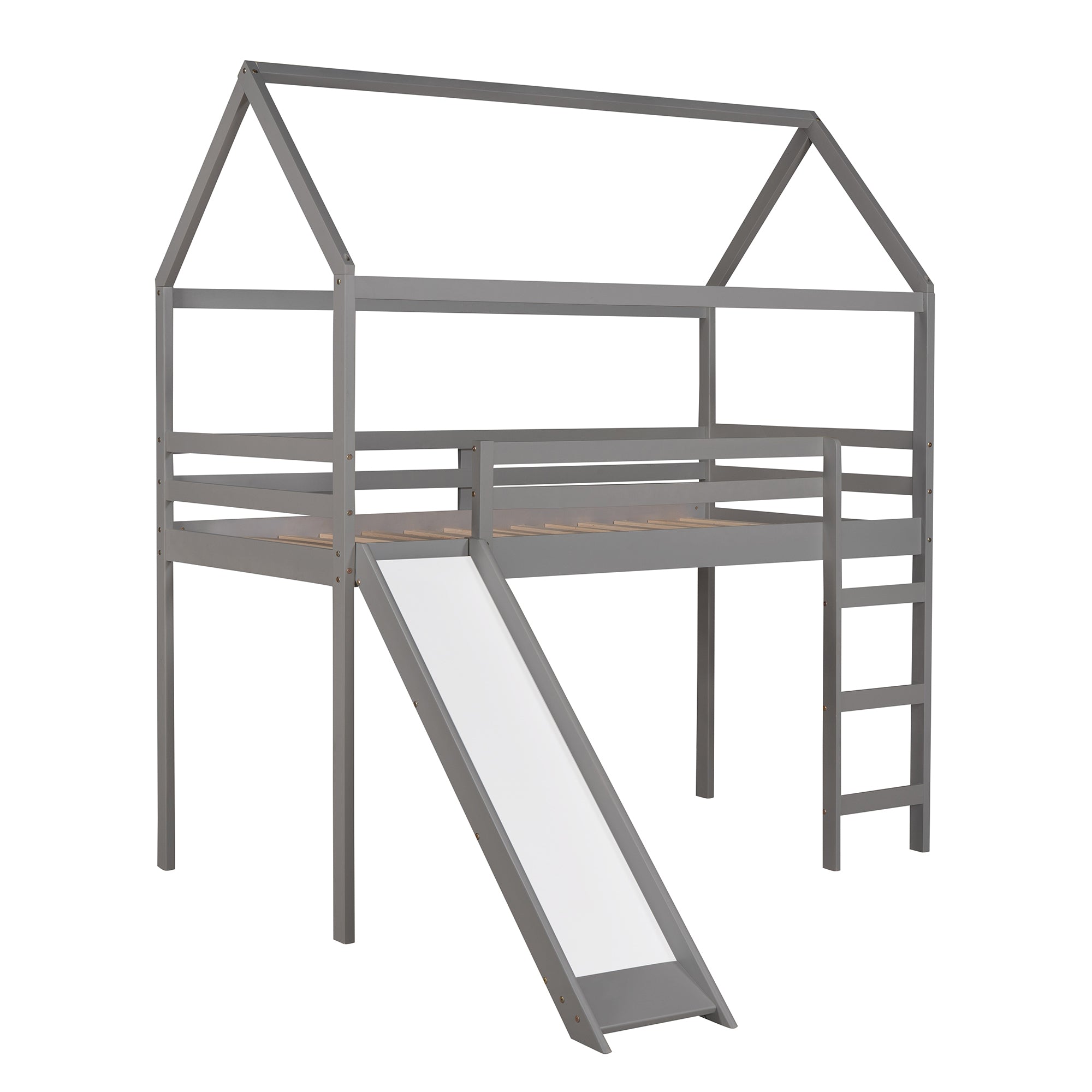 Twin Loft Bed with Slide, House Bed with Slide,Gray gray-solid wood