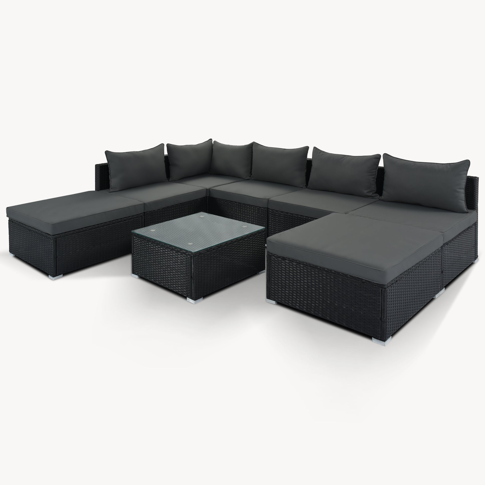 8 Pieces Outdoor Patio Furniture Sets, Garden Conversation Wicker Sofa Set, Single Sofa Combinable, Gray Cushions Black Wicker Yes Gray Wicker
