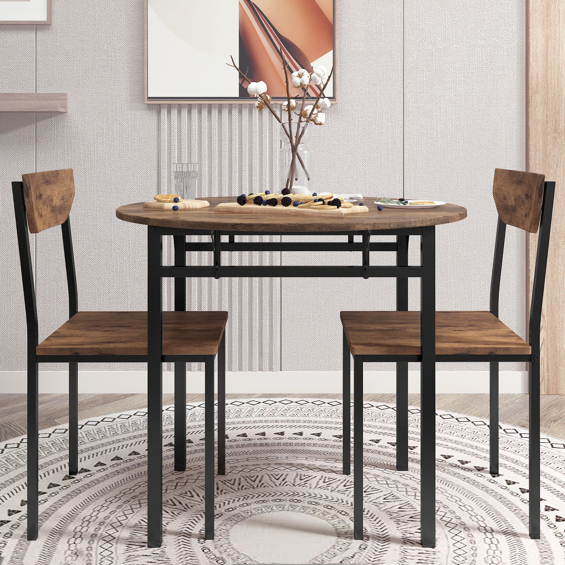 Modern 3 Piece Round Dining Table Set With Drop Leaf And 2 Chairs For Small Places,Black Frame Rustic Brown Finish Rustic Brown Solid Back Seats 2 Metal Dining Room Drop Leaf Folding Modern 4 Leg Round Dining Table With Chair Metal