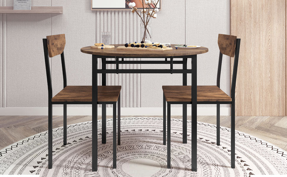 Modern 3 Piece Round Dining Table Set With Drop Leaf And 2 Chairs For Small Places,Black Frame Rustic Brown Finish Rustic Brown Solid Back Seats 2 Metal Dining Room Drop Leaf Folding Modern 4 Leg Round Dining Table With Chair Metal