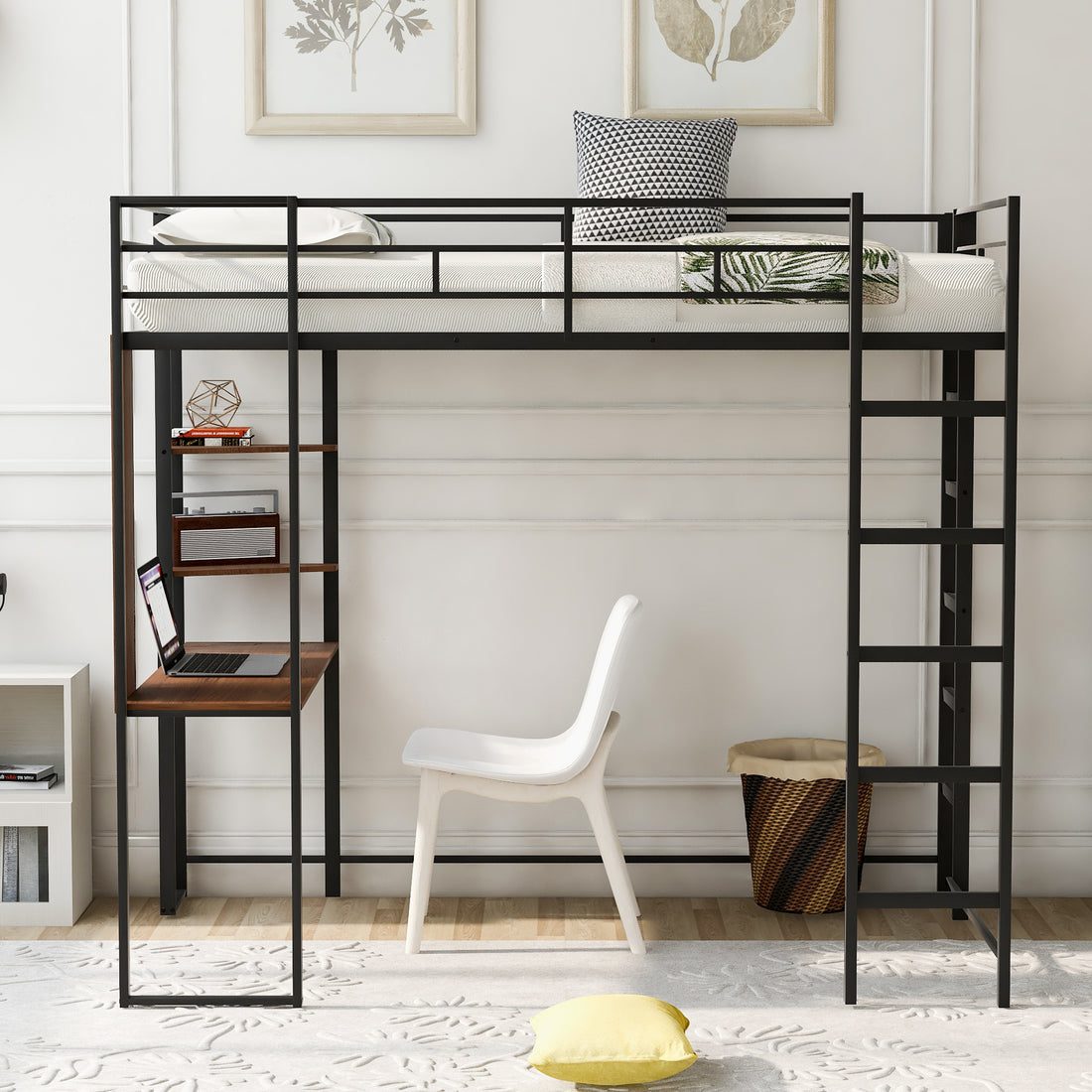 Twin Metal Loft Bed With 2 Shelves And One Desk ,Black Old Sku: Mf281206Aab Black Metal