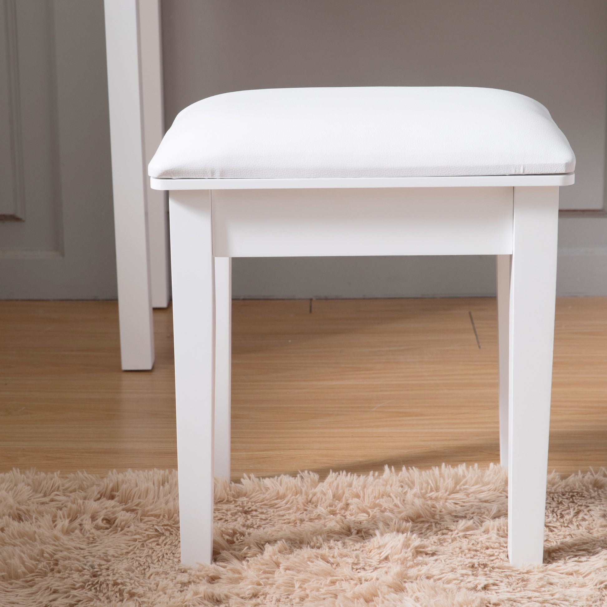 Vanity Stool Makeup Bench Dressing Stool With Cushion And Solid Legs,White White Mdf