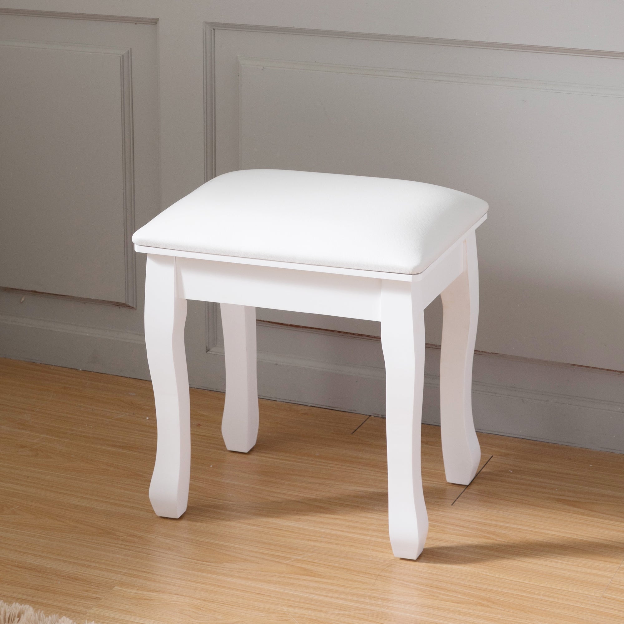 White Vanity Stool Padded Makeup Chair Bench With Solid Wood Legs White Mdf