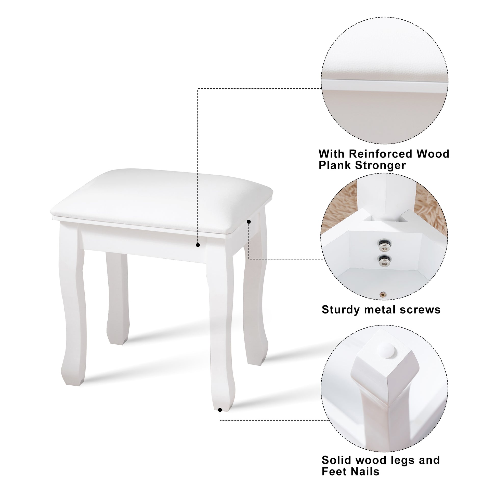 White Vanity Stool Padded Makeup Chair Bench With Solid Wood Legs White Mdf