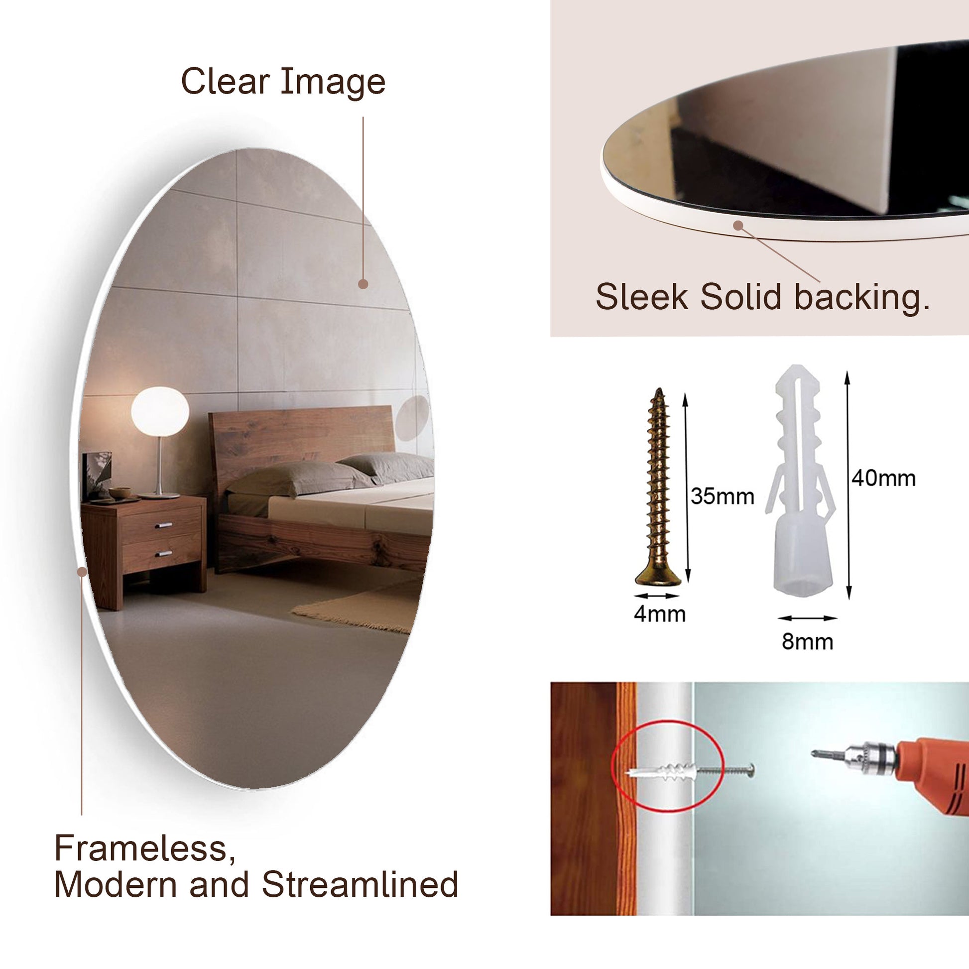 Frameless Beveled Wall Mounted Bathroom Mirror, Hd Makeup Mirror, 25" Round Mirror White Mdf