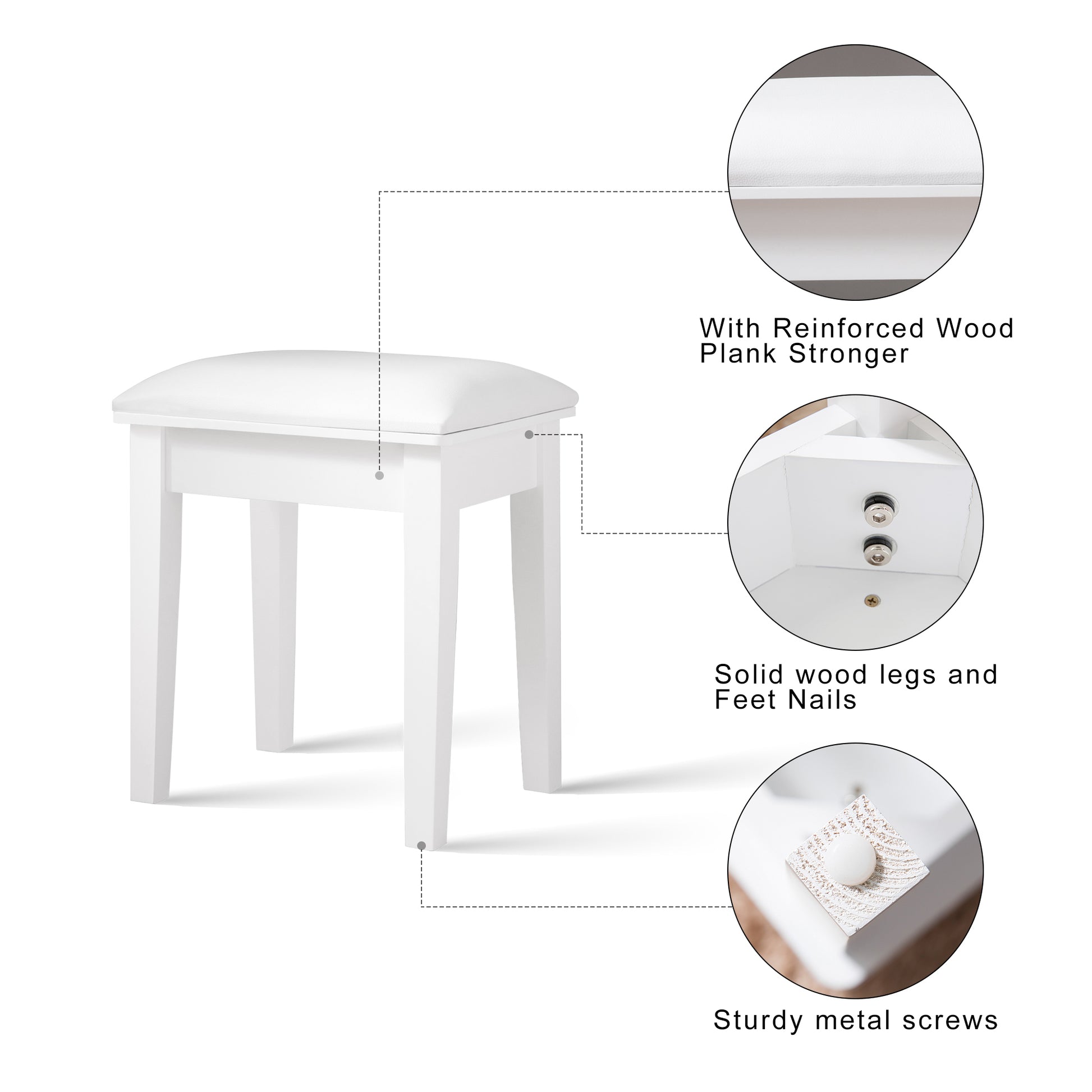 Vanity Stool Makeup Bench Dressing Stool With Cushion And Solid Legs,White White Mdf