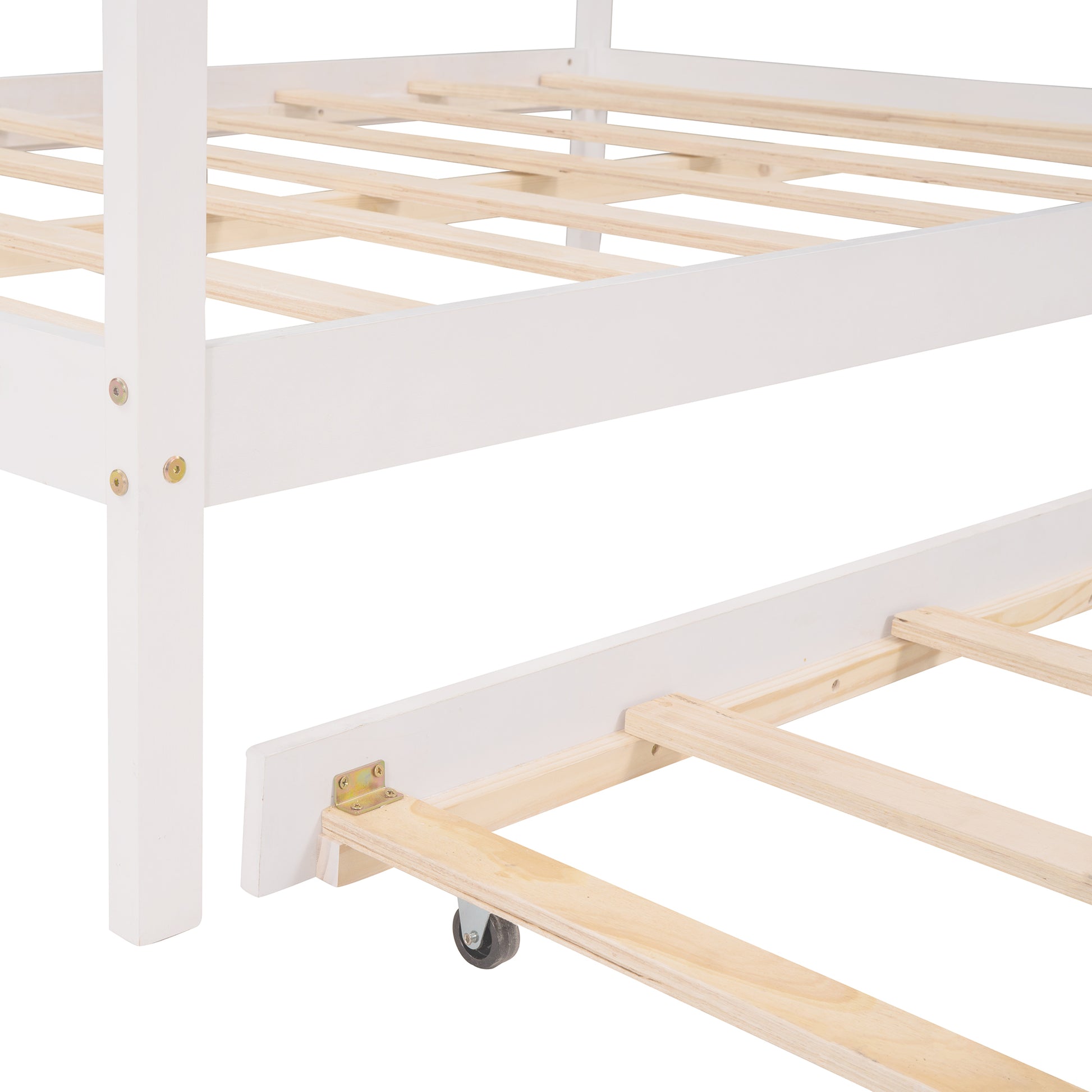 Full Size Wooden House Bed With Twin Size Trundle, White White Solid Wood