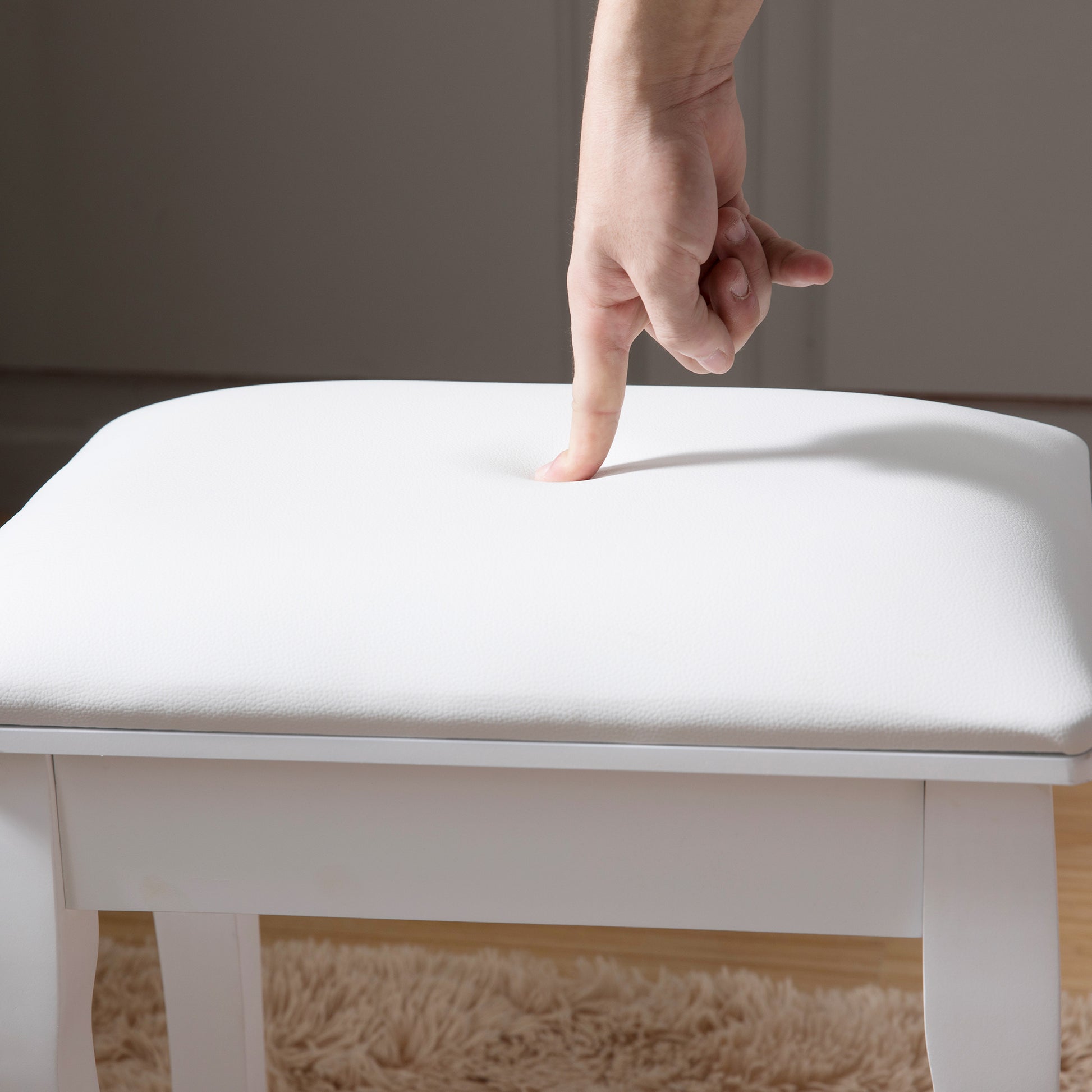 White Vanity Stool Padded Makeup Chair Bench With Solid Wood Legs White Mdf