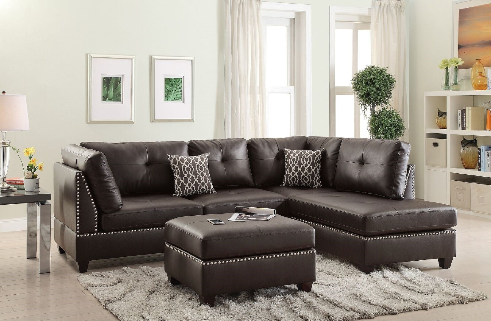 3 pcs Sectional Sofa Espresso Bonded Leather Cushion espresso-brown-faux leather-wood-primary living