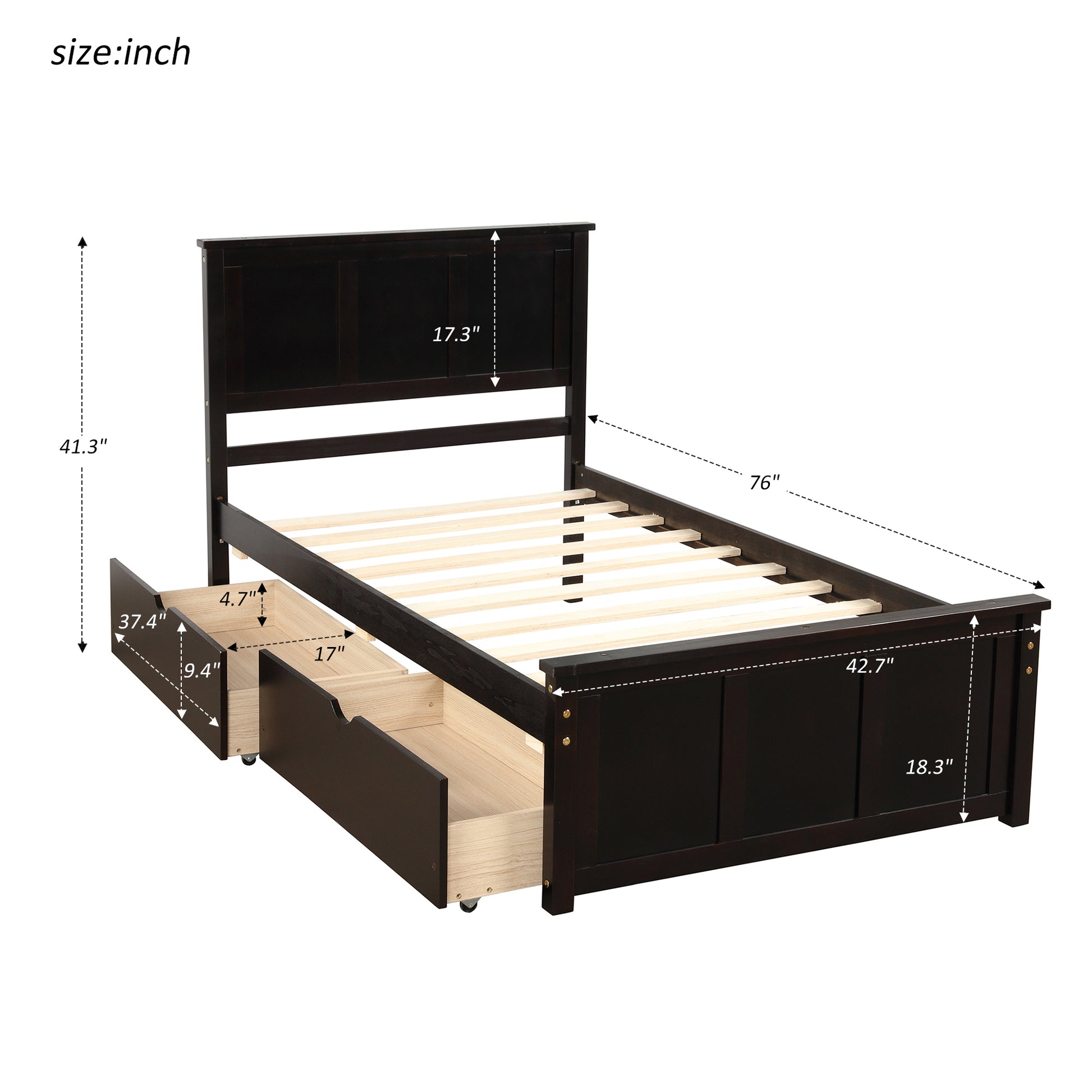 Platform Storage Bed, 2 Drawers With Wheels, Twin Size Frame, Espresso Sku:Wf283062Aap Twin Espresso Pine