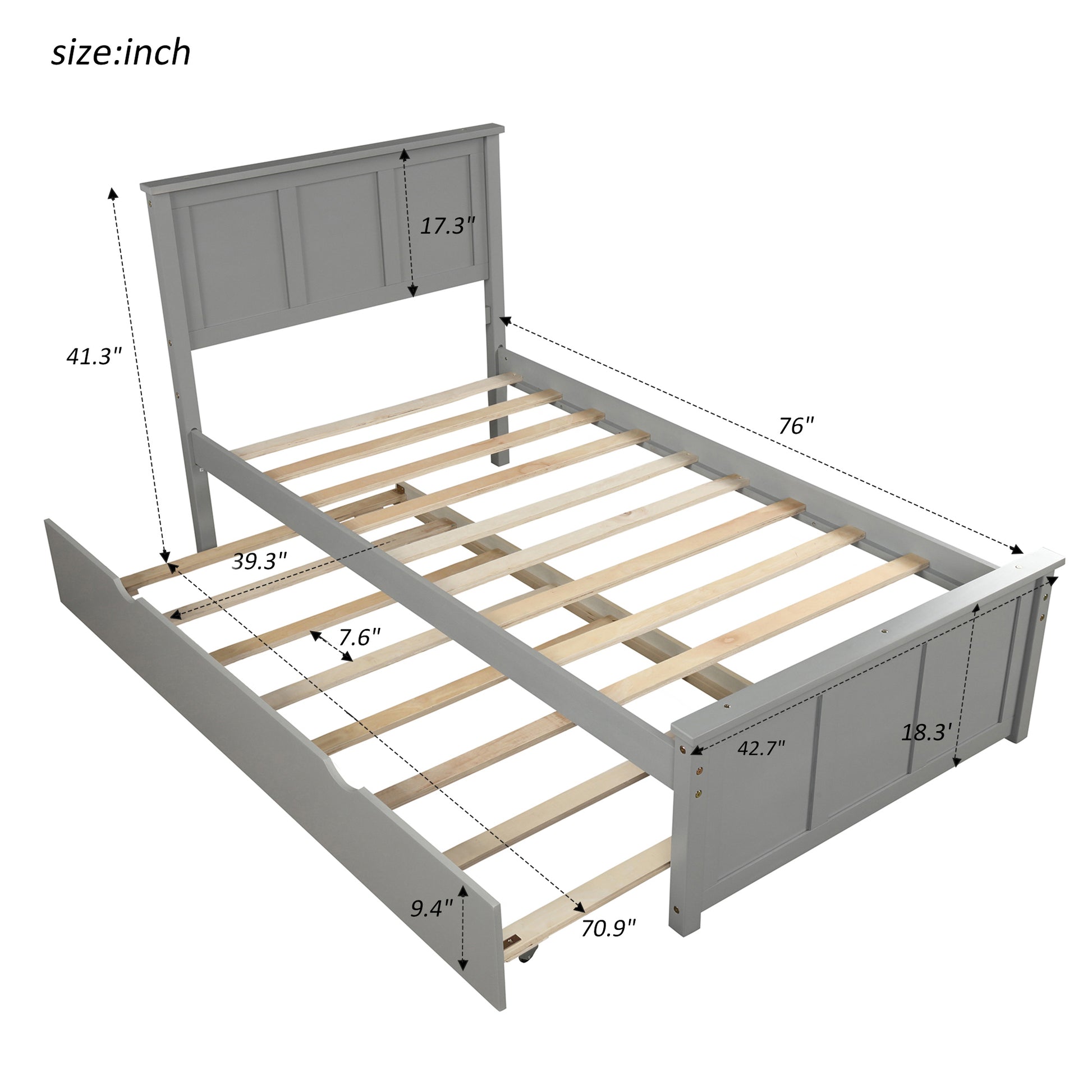 Platform Bed With Twin Size Trundle, Twin Size Frame, Gray Gray Pine