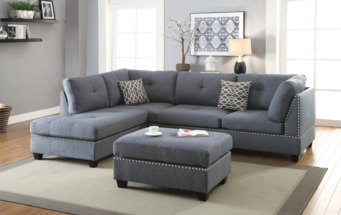 3 Pcs Sectional Sofa Blue Grey Polyfiber Cushion Sofa Chaise Ottoman Reversible Couch Pillows Light Grey Blue Faux Leather Wood Primary Living Space Cushion Back Contemporary,Modern L Shaped Fabric 5 Seat