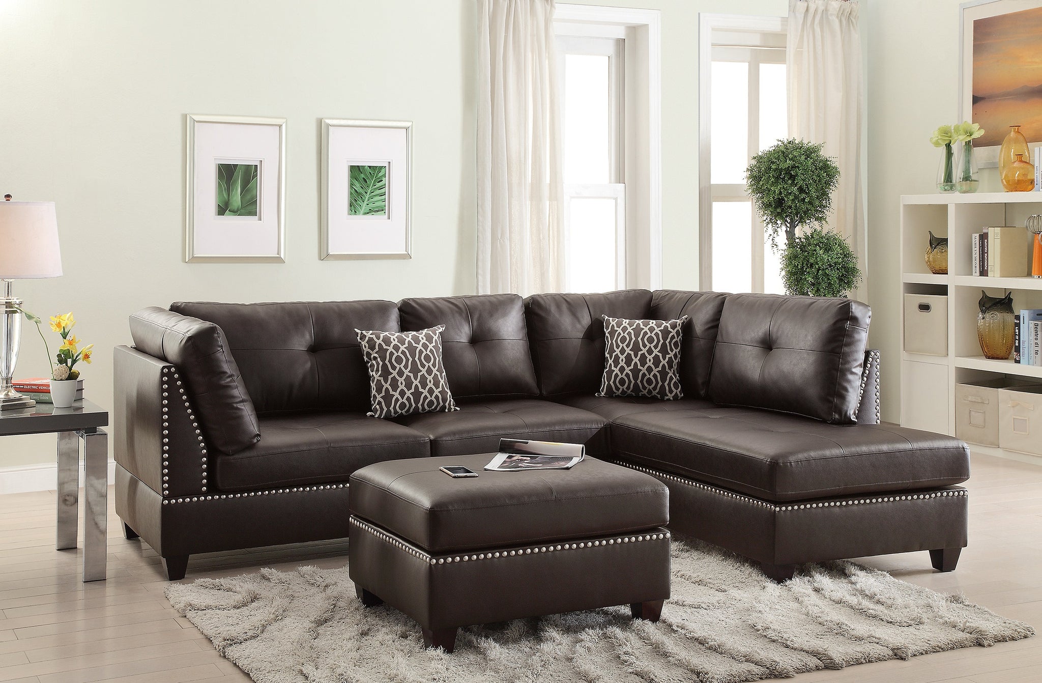 Pcs Sectional Sofa Espresso Bonded Leather Cushion Sofa Chaise Ottom