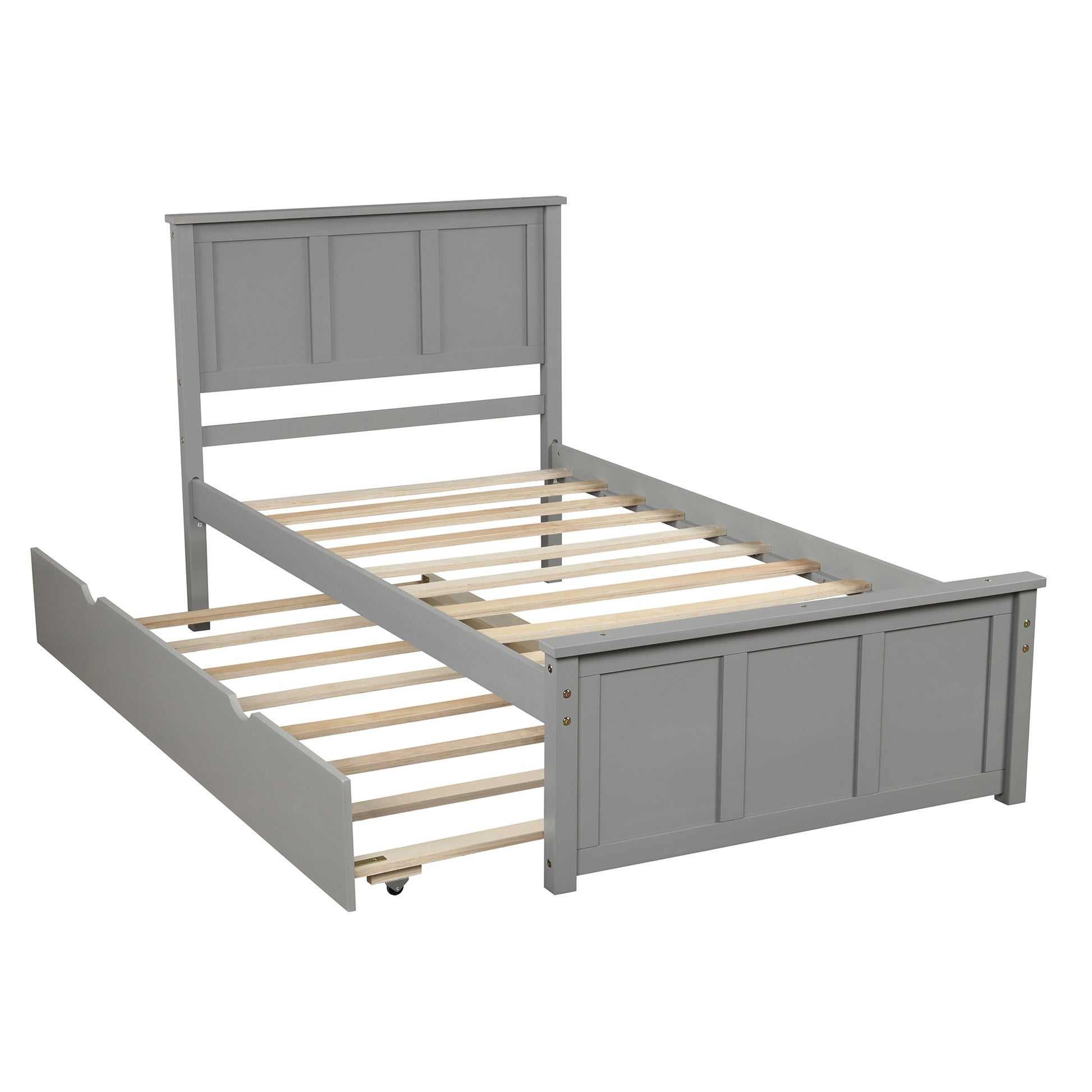 Platform Bed With Twin Size Trundle, Twin Size Frame, Gray Gray Pine