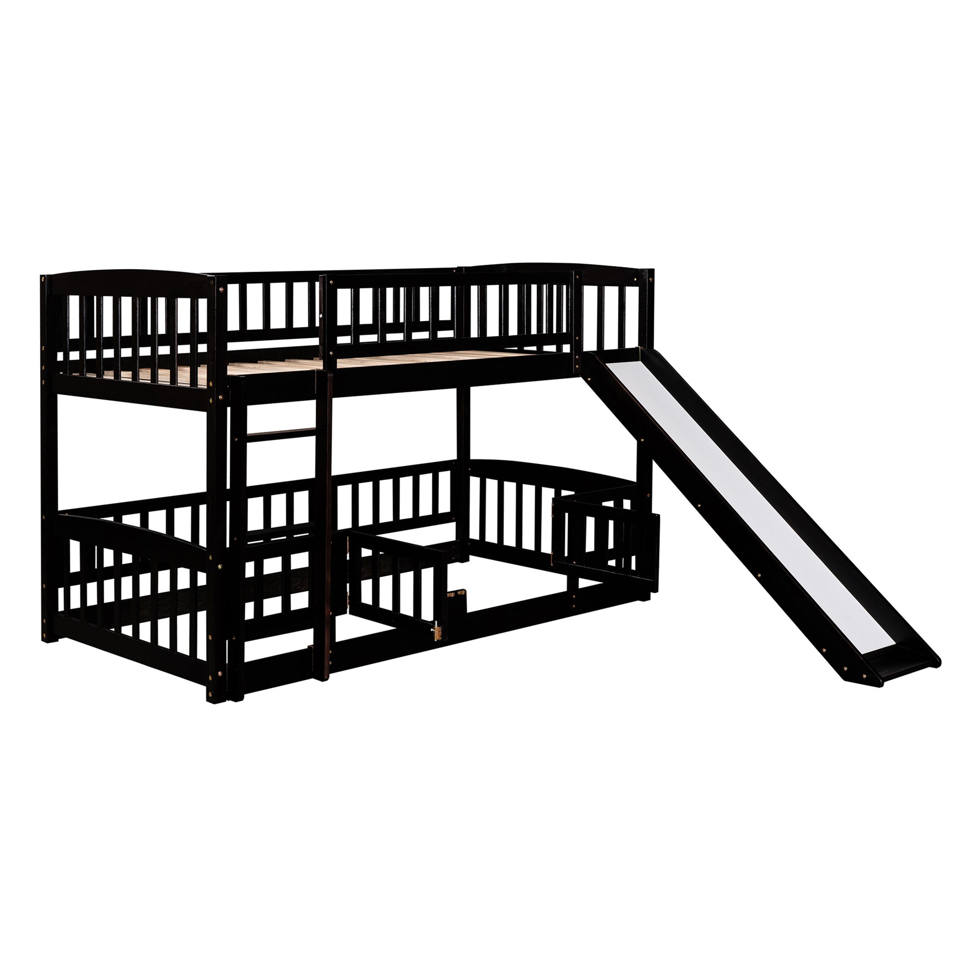 Bunk Bed with Slide,Twin Over Twin Low Bunk Bed with espresso-solid wood