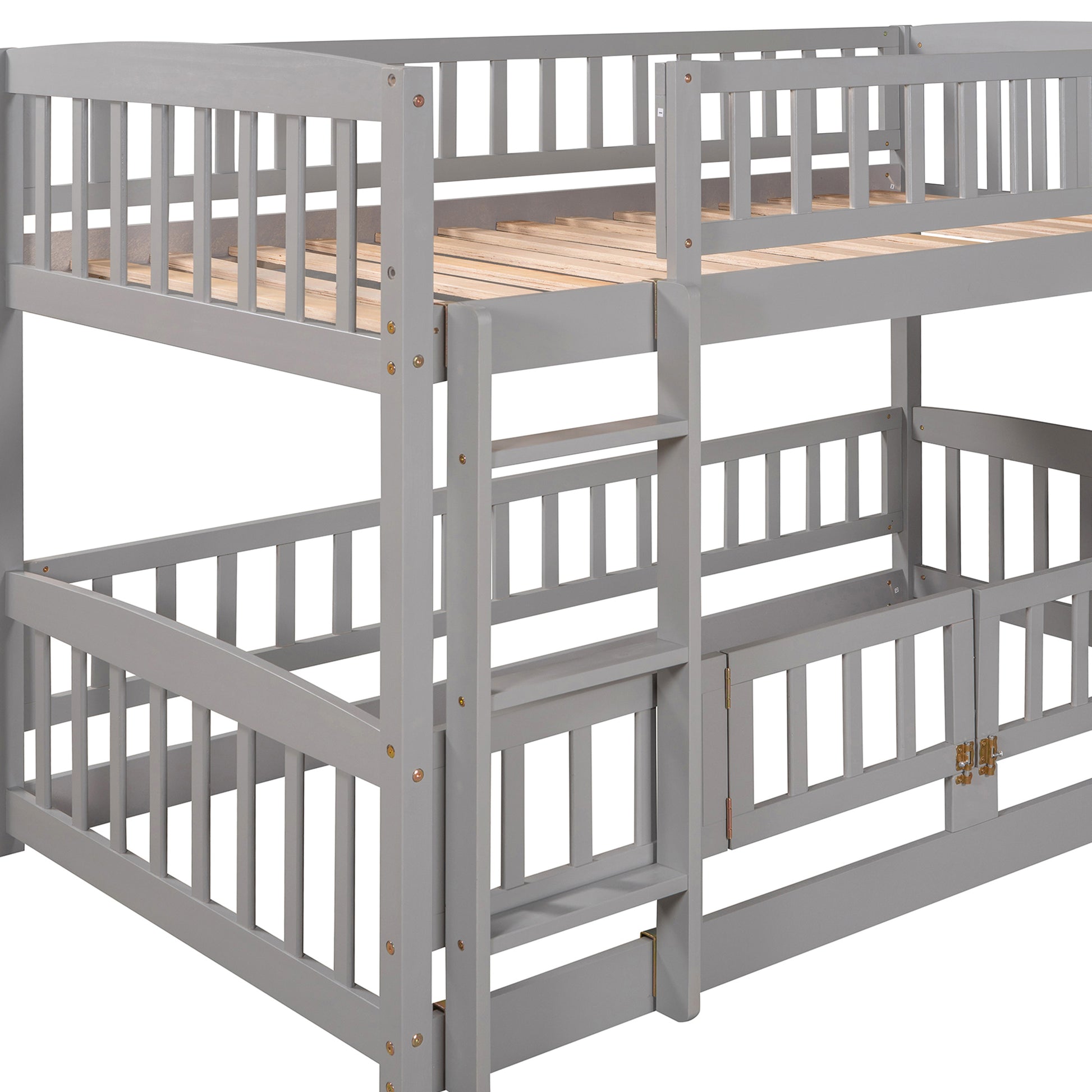 Bunk Bed with Slide,Twin Over Twin Low Bunk Bed with grey-solid wood