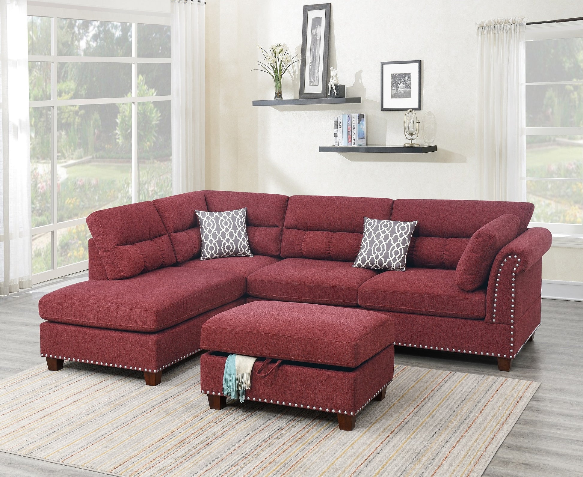 Sectional Sofa Red Velvet #F6419 Red Fabric 4 Seat