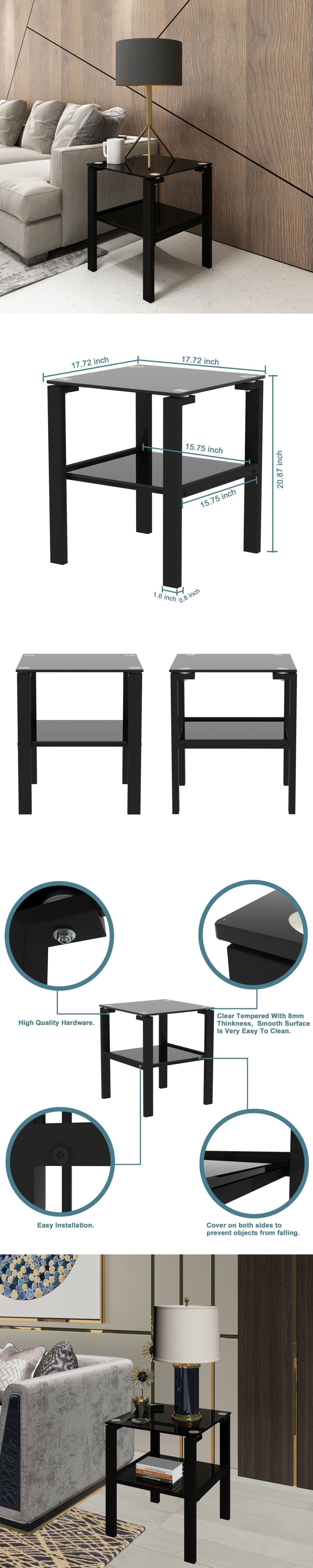 Set Of 2, Glass Two Layer Tea Table, Small Round Table, Bedroom Corner Table, Living Room Side Table,Black Black Tempered Glass