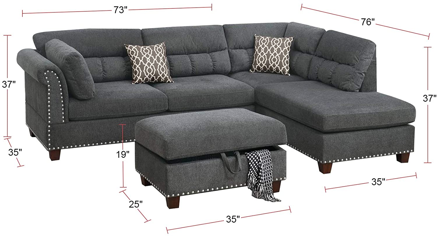 Sectional Sofa Slate Color Velvet Fabric Reversible Chaise Sofa Sectional W Pillows Cocktail Storage Ottoman 3Pc Set Grey Mix Velvet Wood Primary Living Space Cushion Back Contemporary,Modern Pillow Top Arms Velvet 5 Seat