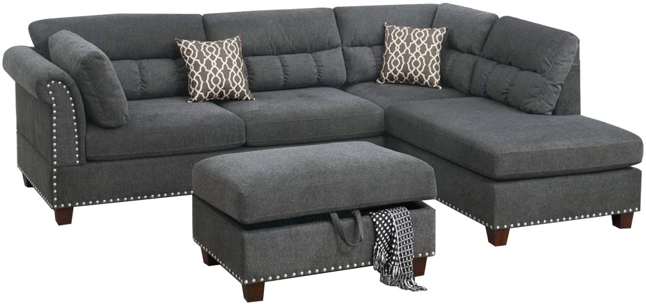 Sectional Sofa Slate Color Velvet Fabric Reversible Chaise Sofa Sectional W Pillows Cocktail Storage Ottoman 3Pc Set Grey Mix Velvet Wood Primary Living Space Cushion Back Contemporary,Modern Pillow Top Arms Velvet 5 Seat