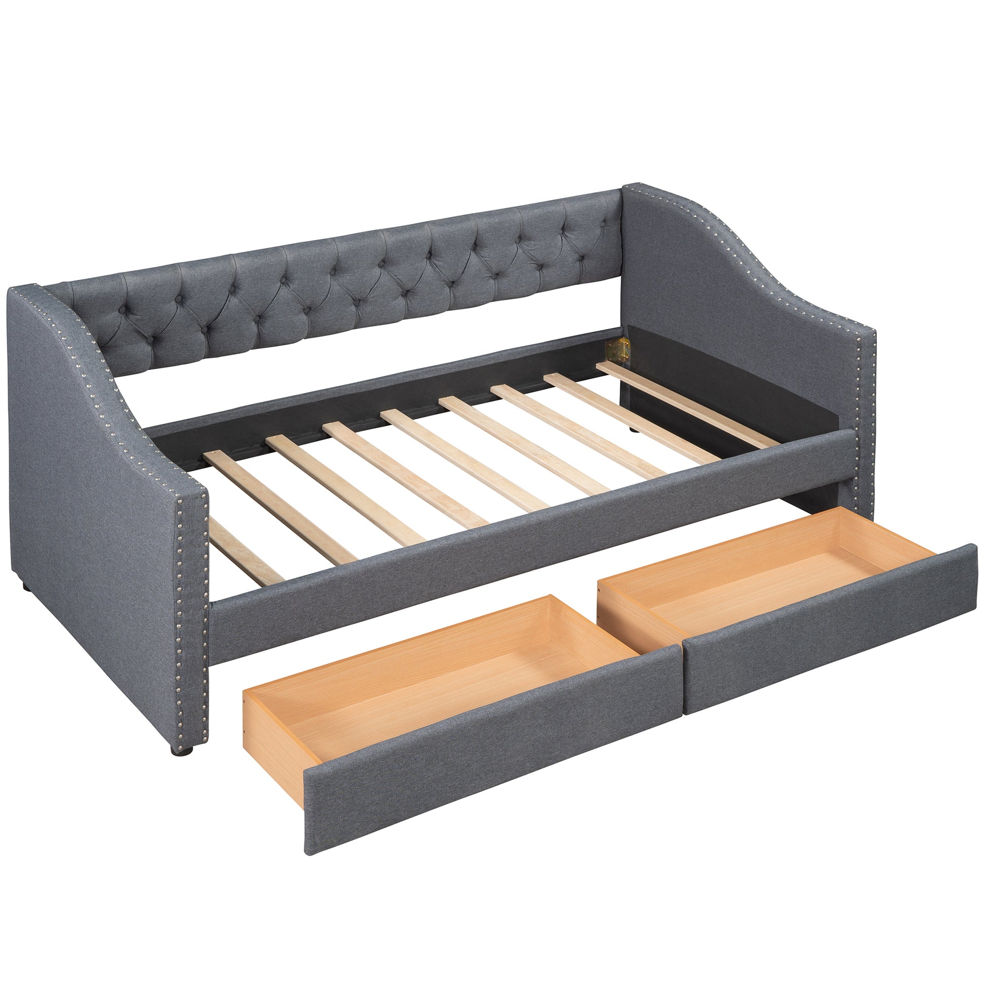 Upholstered Twin Size Daybed With Two Drawers, Wood Slat Support, Gray Old Sku :Lp000011Aae Gray Upholstered