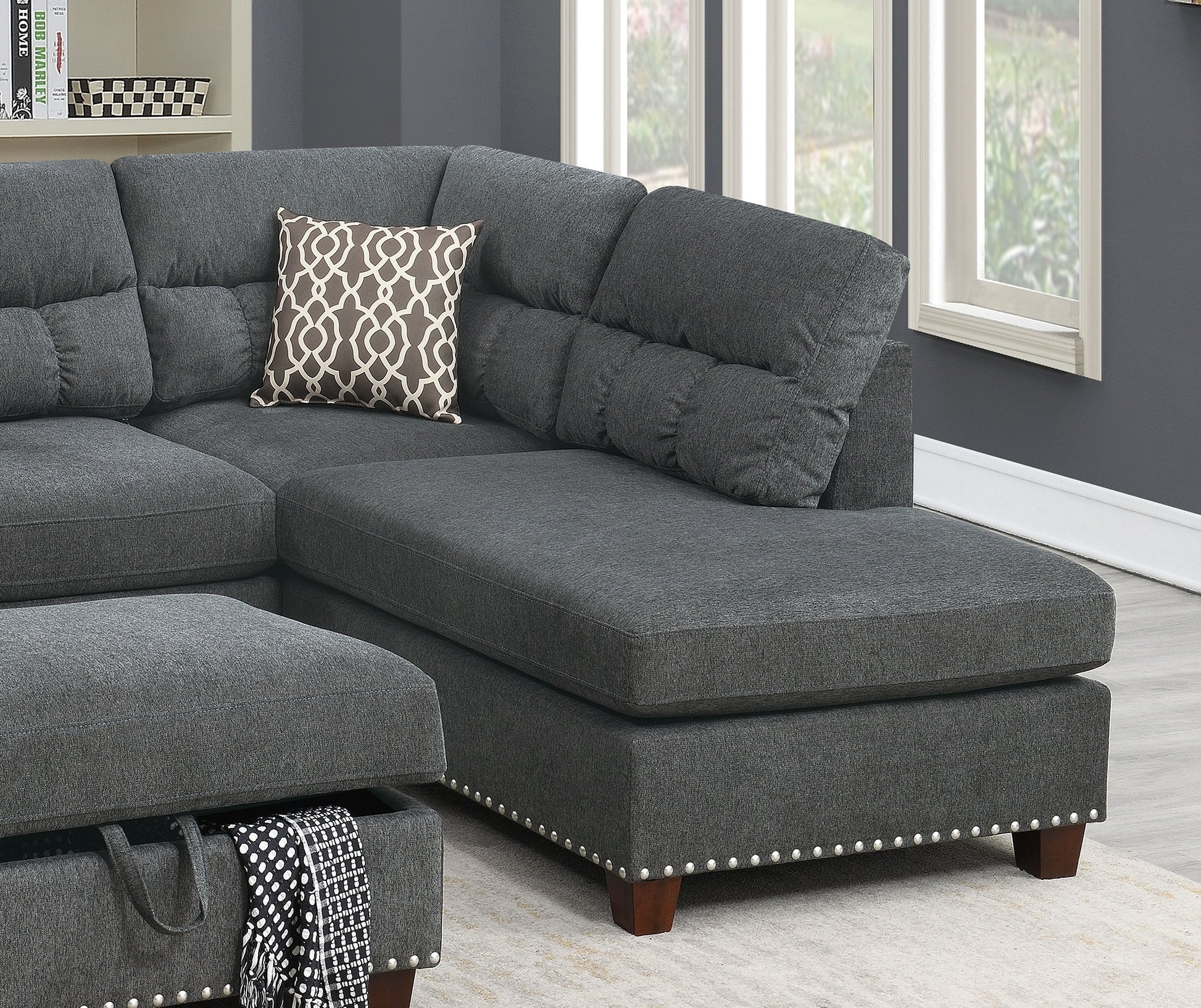 Sectional Sofa Slate Color Velvet Fabric Reversible Chaise Sofa Sectional W Pillows Cocktail Storage Ottoman 3Pc Set Grey Mix Velvet Wood Primary Living Space Cushion Back Contemporary,Modern Pillow Top Arms Velvet 5 Seat
