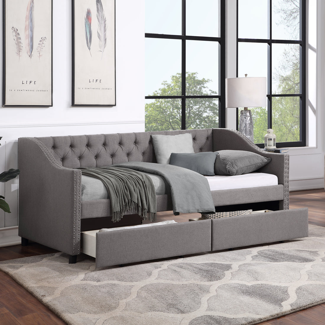 Upholstered Twin Size Daybed With Two Drawers, Wood Slat Support, Gray Old Sku :Lp000011Aae Gray Upholstered