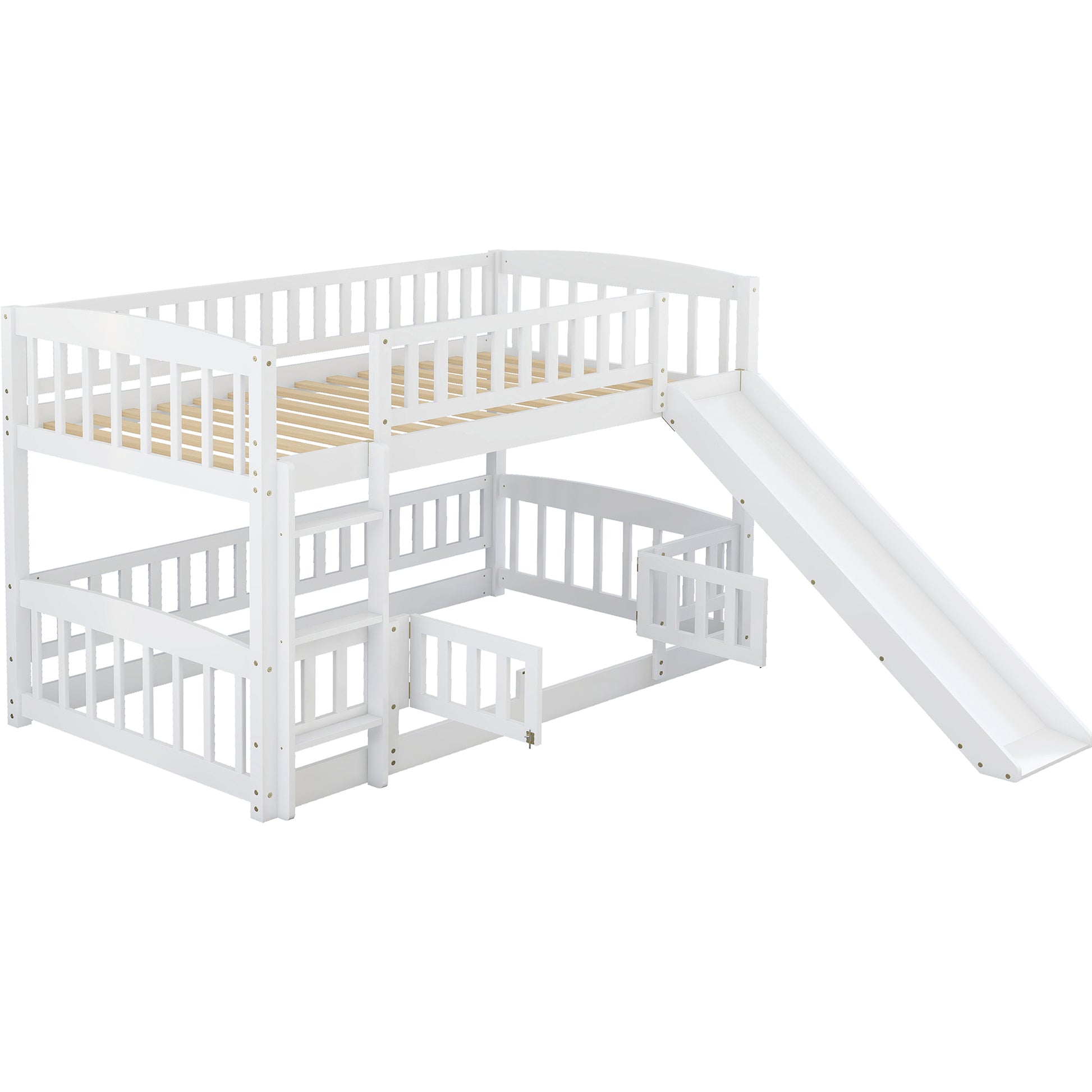 Bunk Bed with Slide,Twin Over Twin Low Bunk Bed with white-solid wood