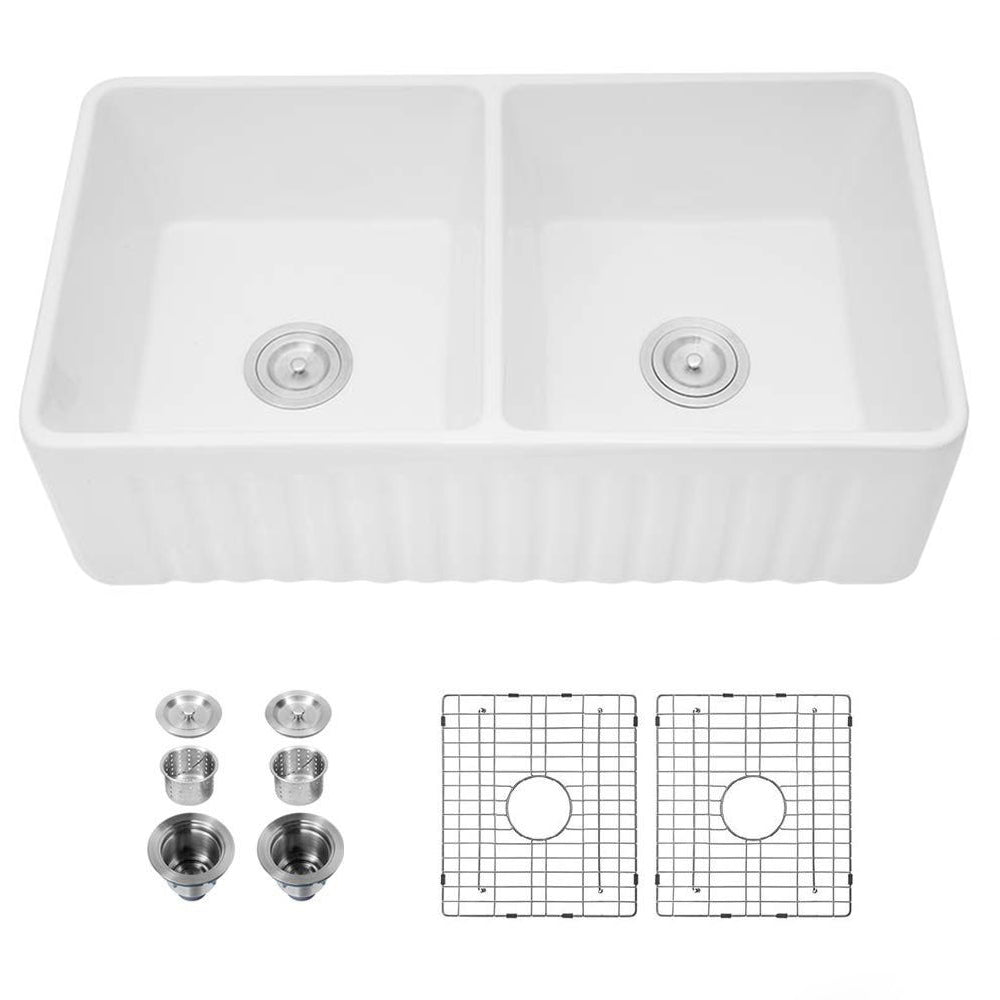 Ceramic White 33*18*10" Kitchen Double Basin Farmhouse Sink Rectangular Vessel Sink White Ceramic