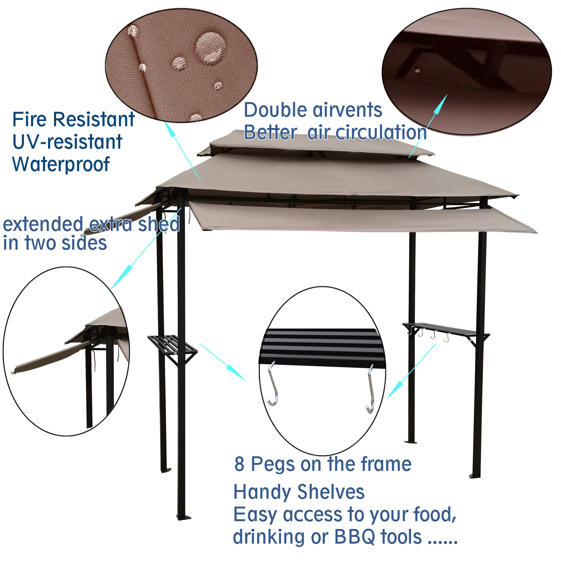 8X4Ft Grill Gazebo,Metal Gazebo With Soft Top Canopy And Steel Frame With Hook And Bar Counters,Mushroom Fabric Mushroom Steel