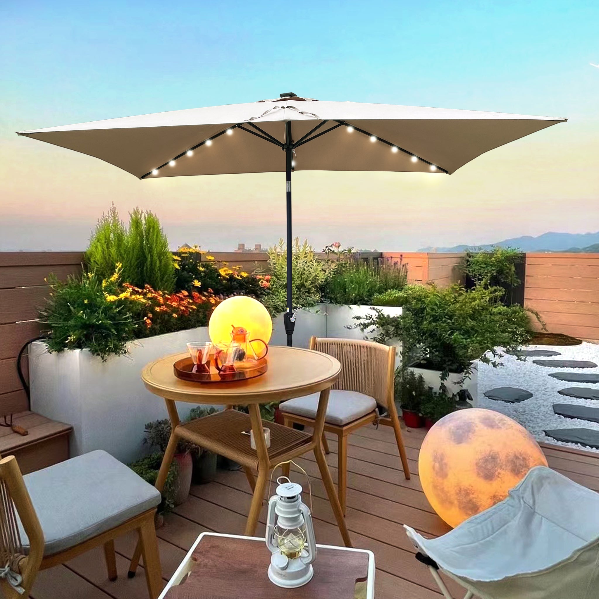 10 X 6.5T Rectangular Patio Solar Led Lighted Outdoor Umbrellas With C