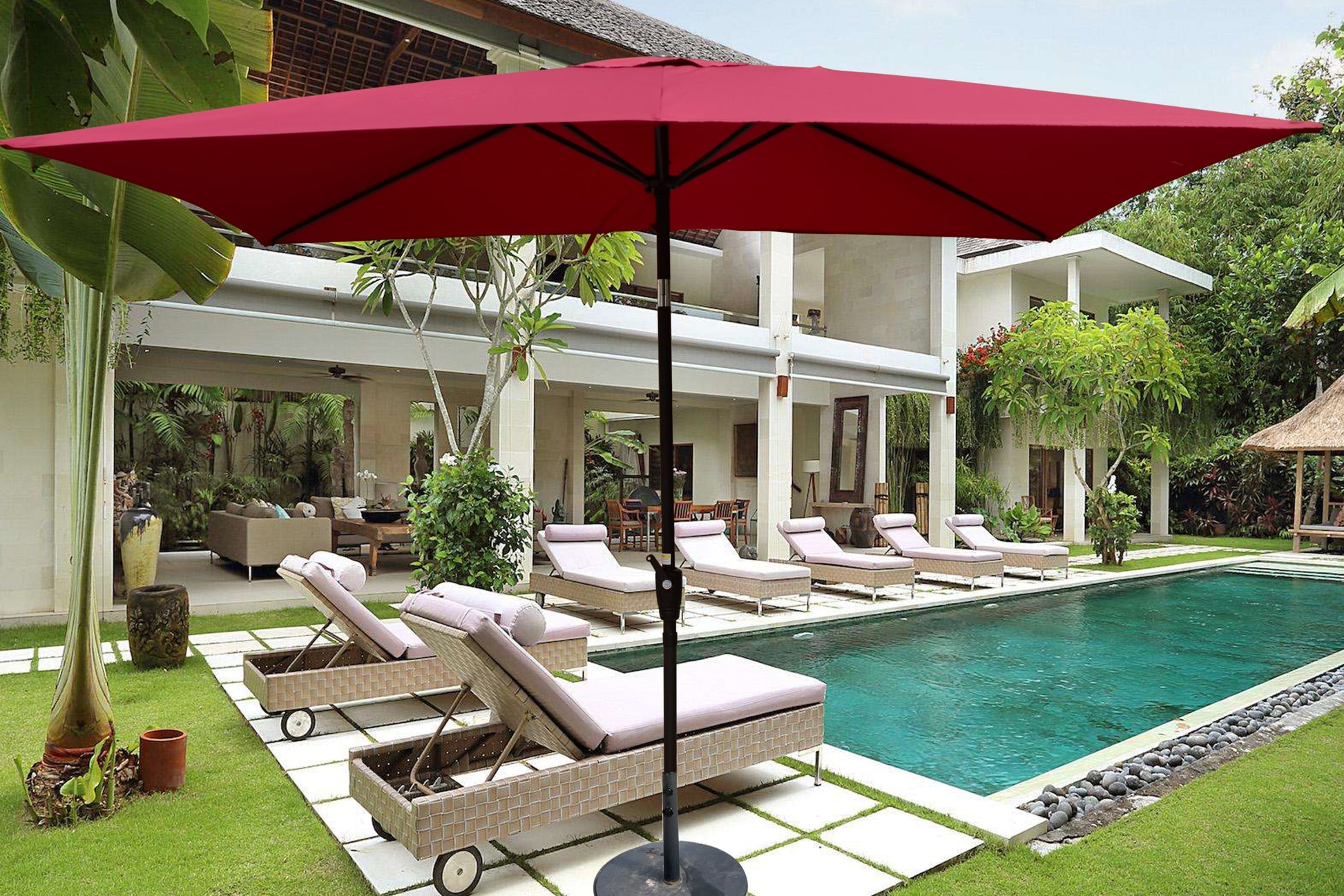 6 X 9Ft Patio Umbrella Outdoor Waterproof Umbrella With Crank And Push Button Tilt Without Flap For Garden Backyard Pool Swimming Pool Market Burgundy Steel
