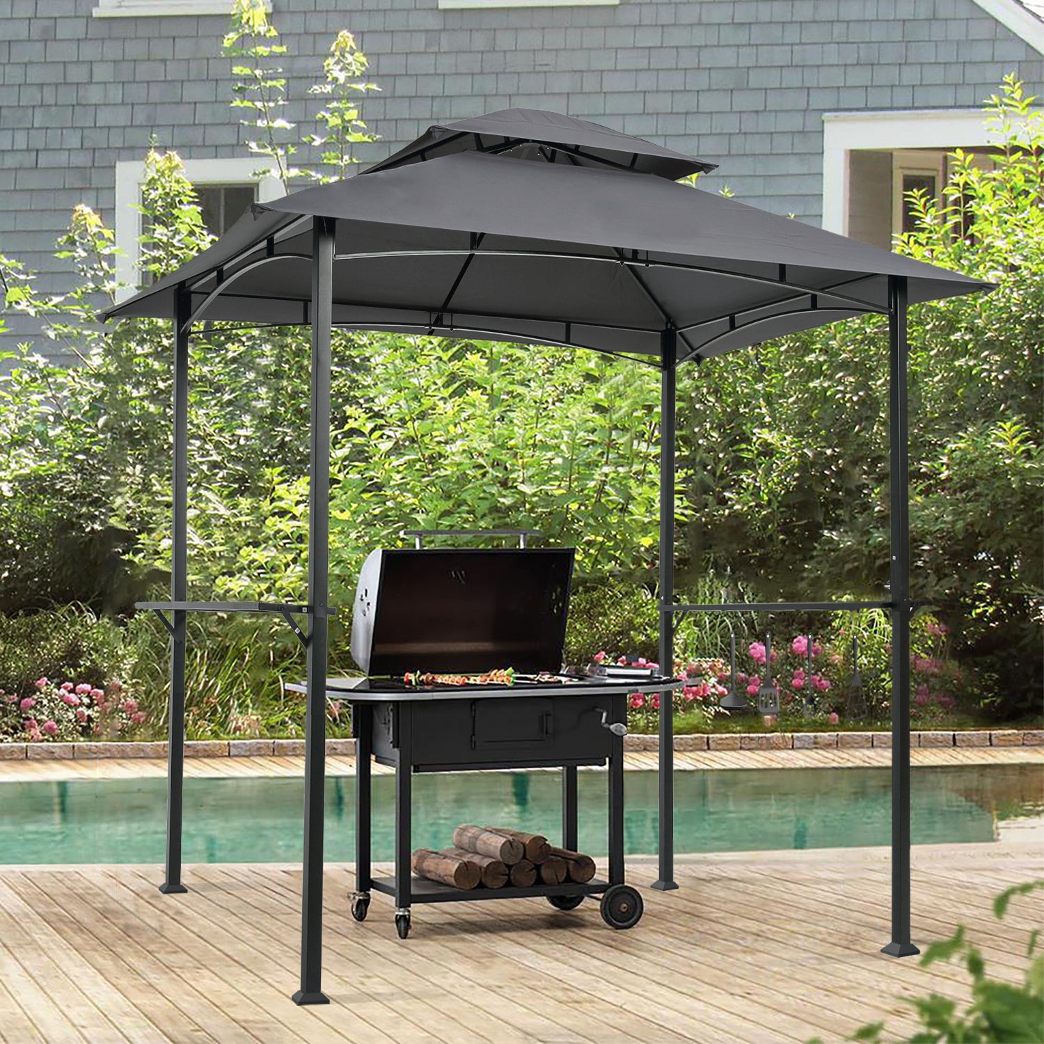 Outdoor Grill Gazebo 8 X 5 Ft, Shelter Tent, Double Tier Soft Top Canopy And Steel Frame With Hook And Bar Counters, Grey Gray Metal