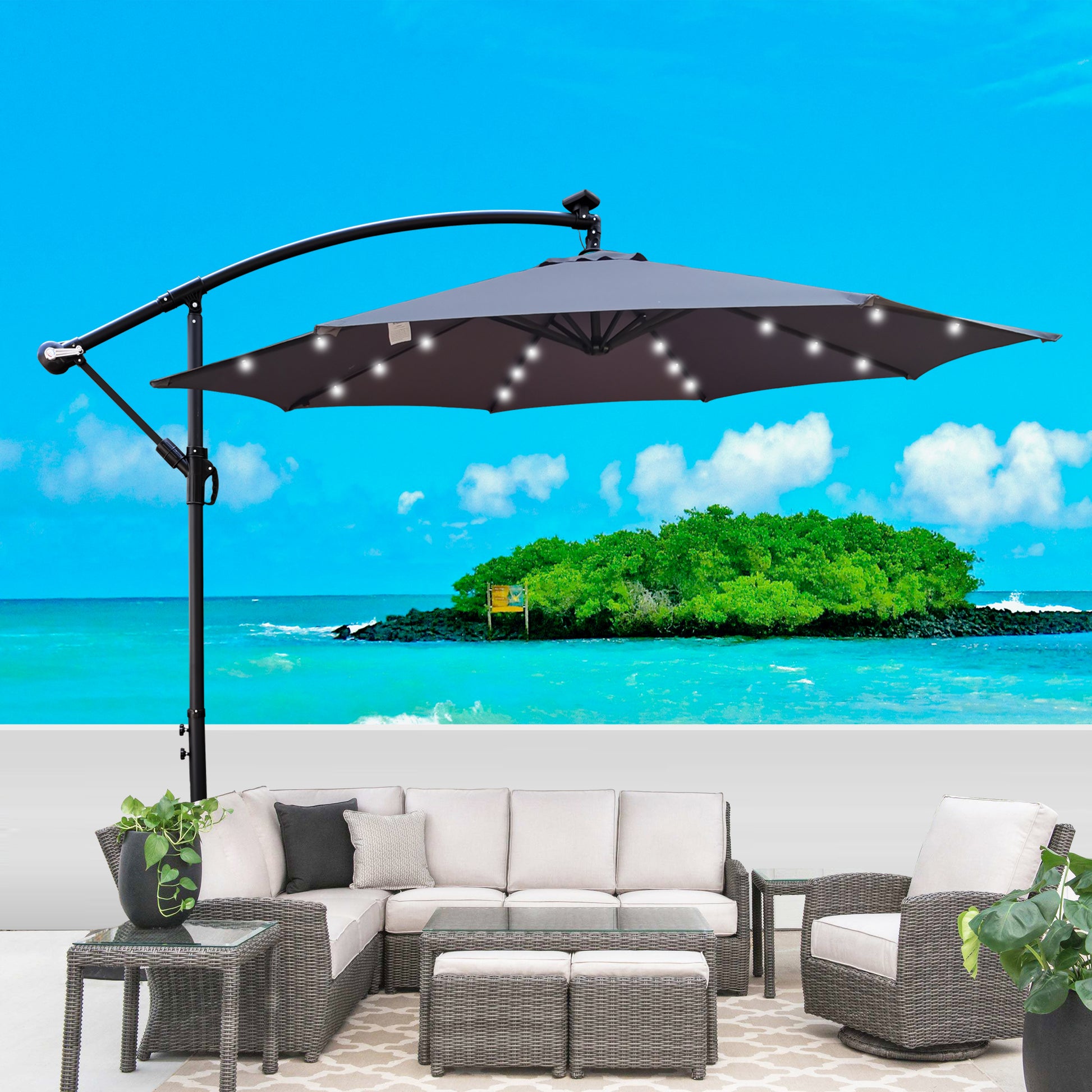 10 ft Outdoor Patio Umbrella Solar Powered Led Lighted Sun Shade Market Waterproof 8 Ribs Umbrella With Crank And Cross Base For Garden Deck Backyard