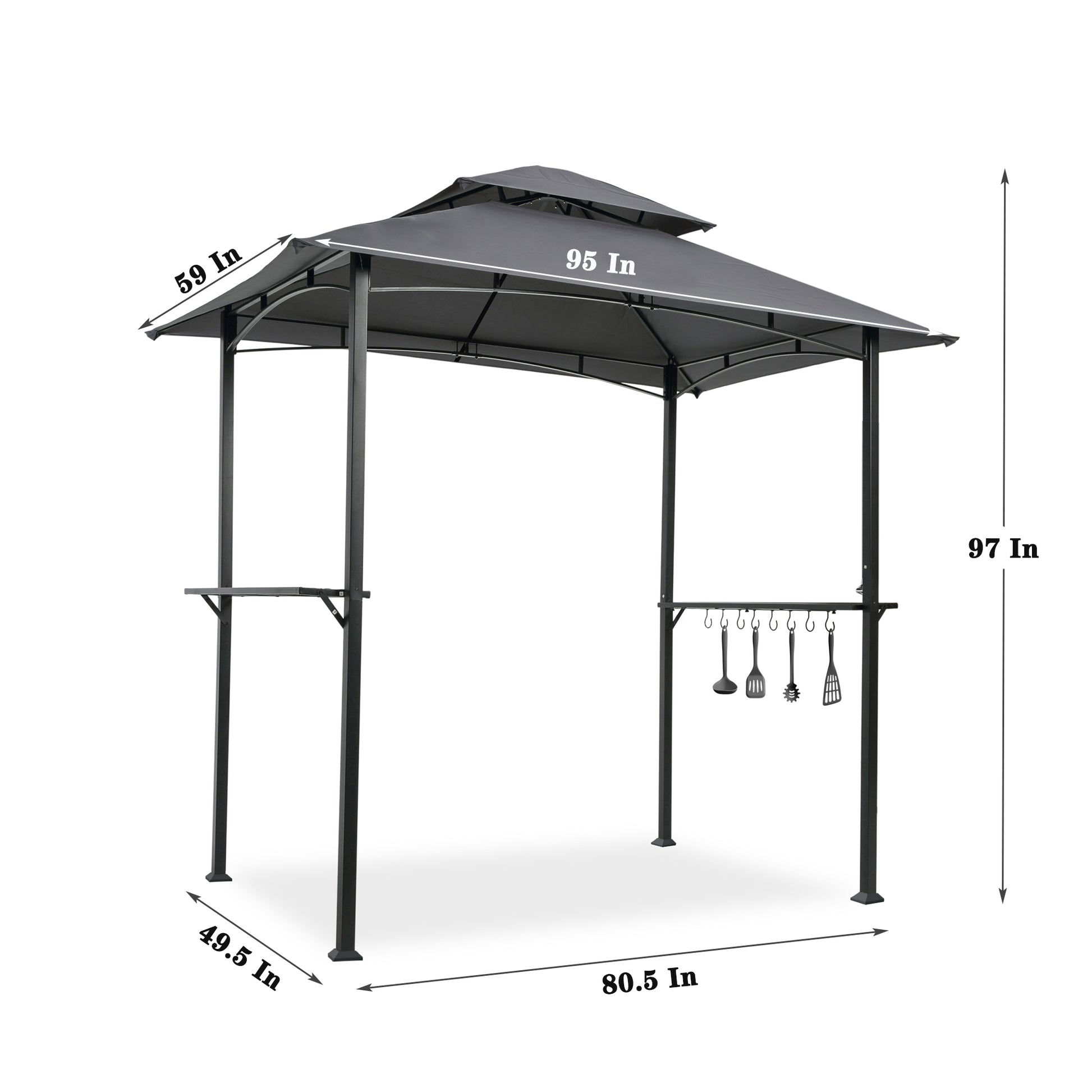 Outdoor Grill Gazebo 8 X 5 Ft, Shelter Tent, Double Tier Soft Top Canopy And Steel Frame With Hook And Bar Counters, Grey Gray Metal