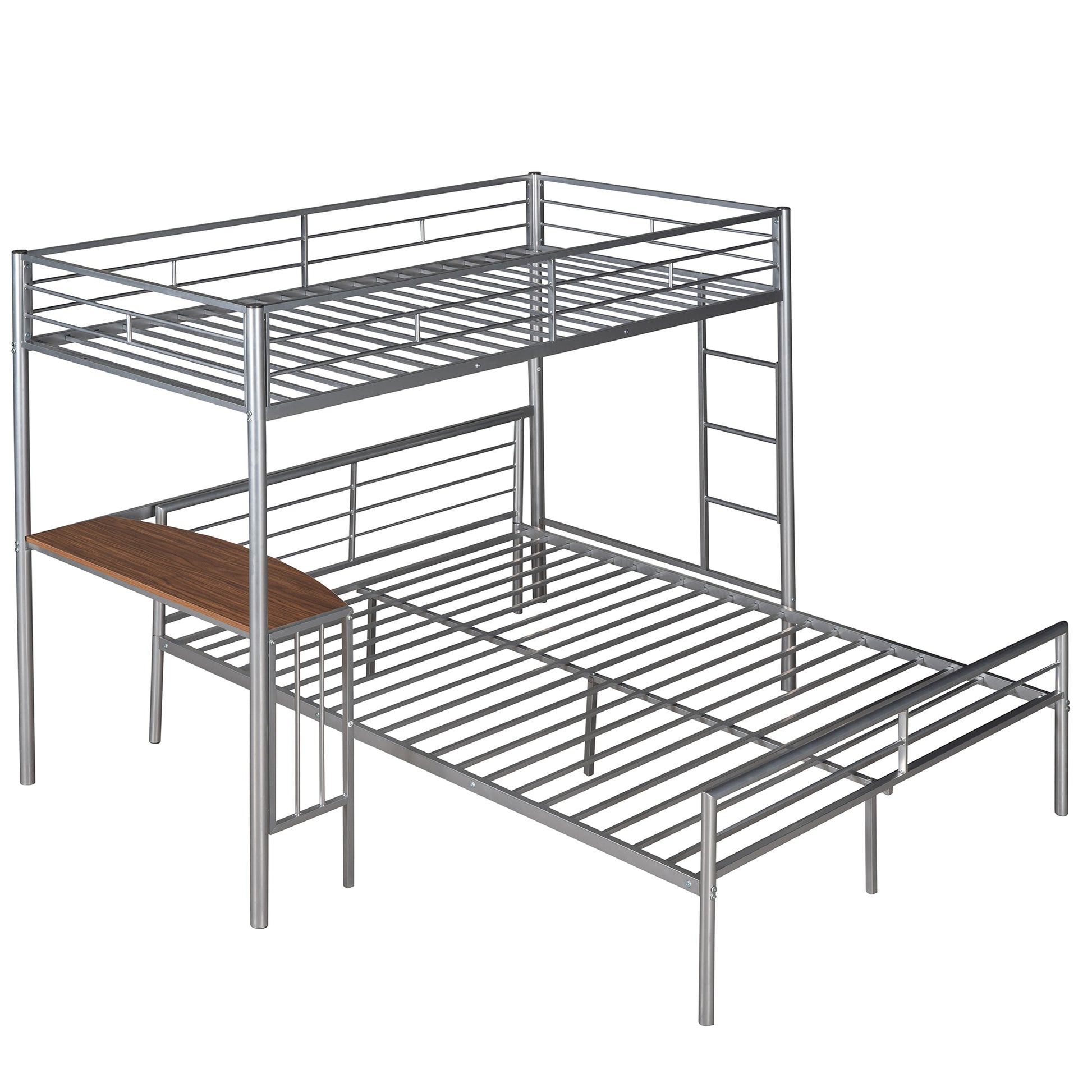 Twin Over Full Metal Bunk Bed With Desk, Ladder And Quality Slats For Bedroom, Metallic Silver Old Sku :Lp000092Aan Silver Metal