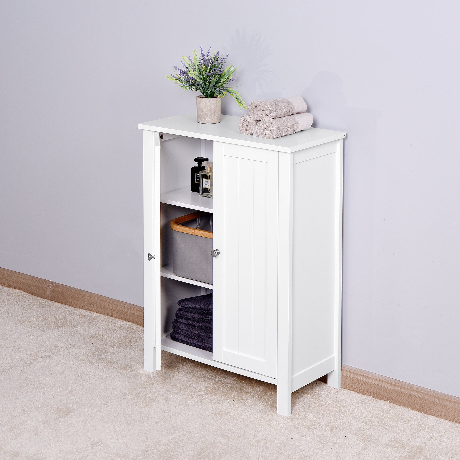 Bathroom Floor Storage Cabinet With Double Door Adjustable Shelf, White White Mdf