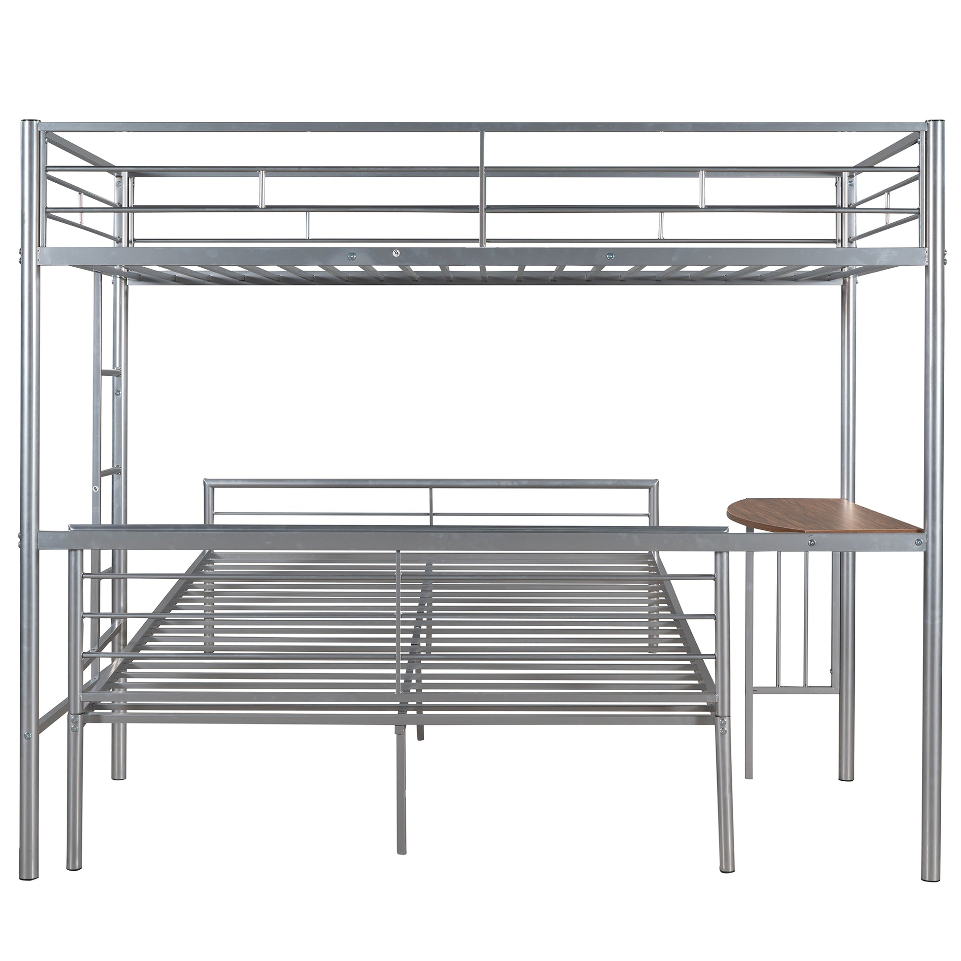 Twin Over Full Metal Bunk Bed With Desk, Ladder And Quality Slats For Bedroom, Metallic Silver Old Sku :Lp000092Aan Silver Metal