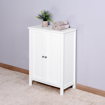 Bathroom Floor Storage Cabinet With Double Door Adjustable Shelf, White White Mdf