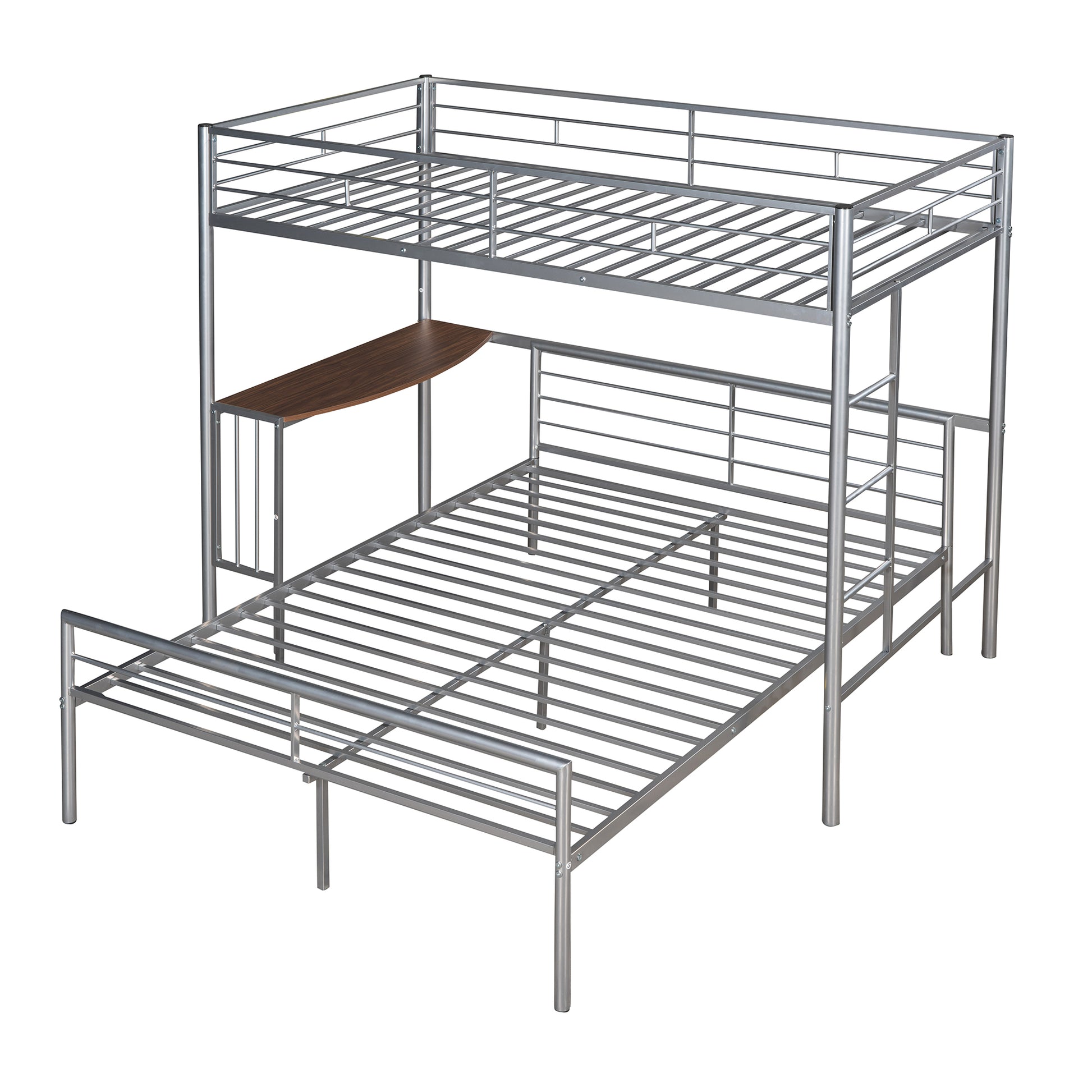 Twin Over Full Metal Bunk Bed With Desk, Ladder And Quality Slats For Bedroom, Metallic Silver Old Sku :Lp000092Aan Silver Metal