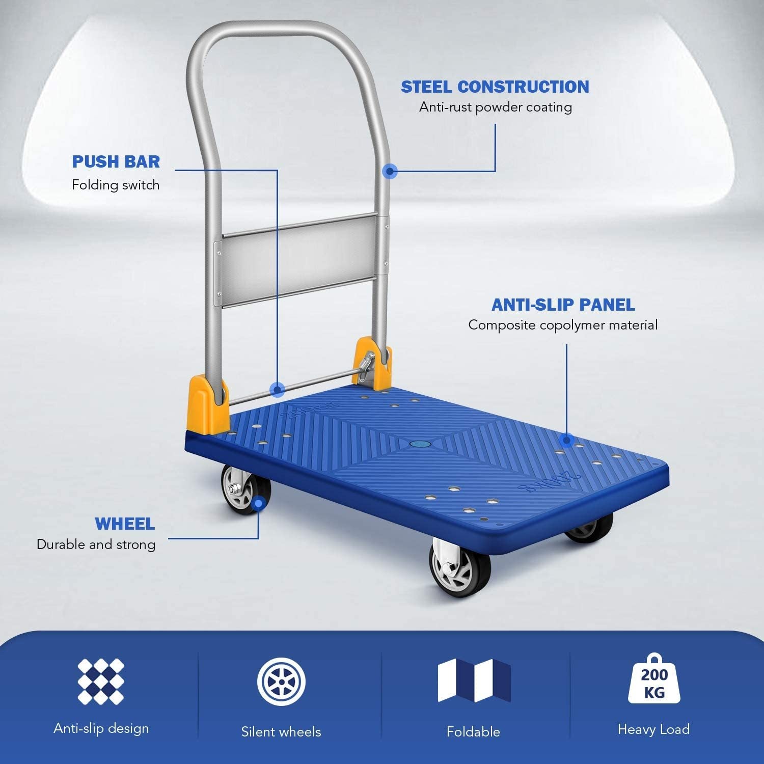 YSSOA Platform Truck with 440lb Weight Capacity and blue-metal