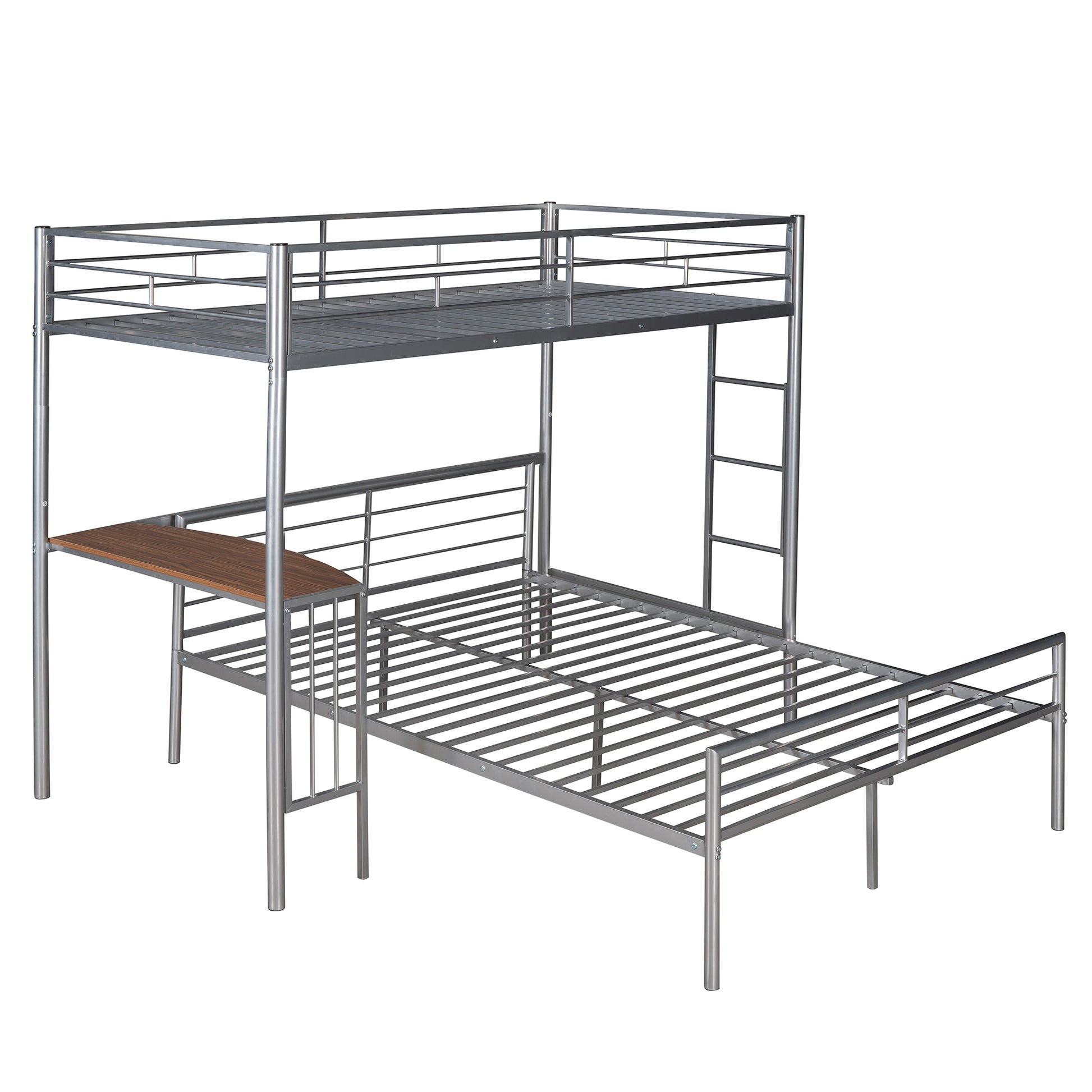 Twin Over Full Metal Bunk Bed With Desk, Ladder And Quality Slats For Bedroom, Metallic Silver Old Sku :Lp000092Aan Silver Metal