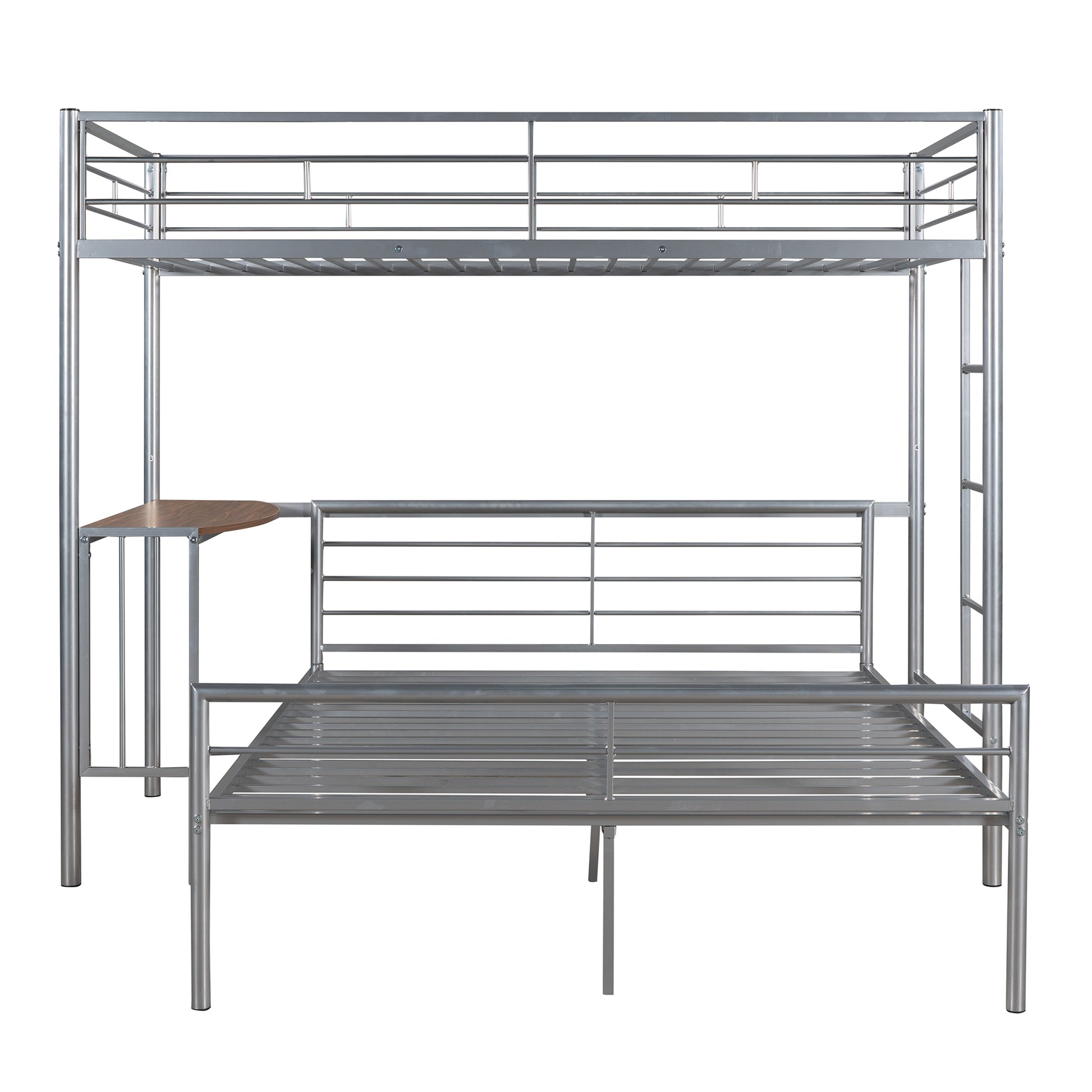 Twin Over Full Metal Bunk Bed With Desk, Ladder And Quality Slats For Bedroom, Metallic Silver Old Sku :Lp000092Aan Silver Metal