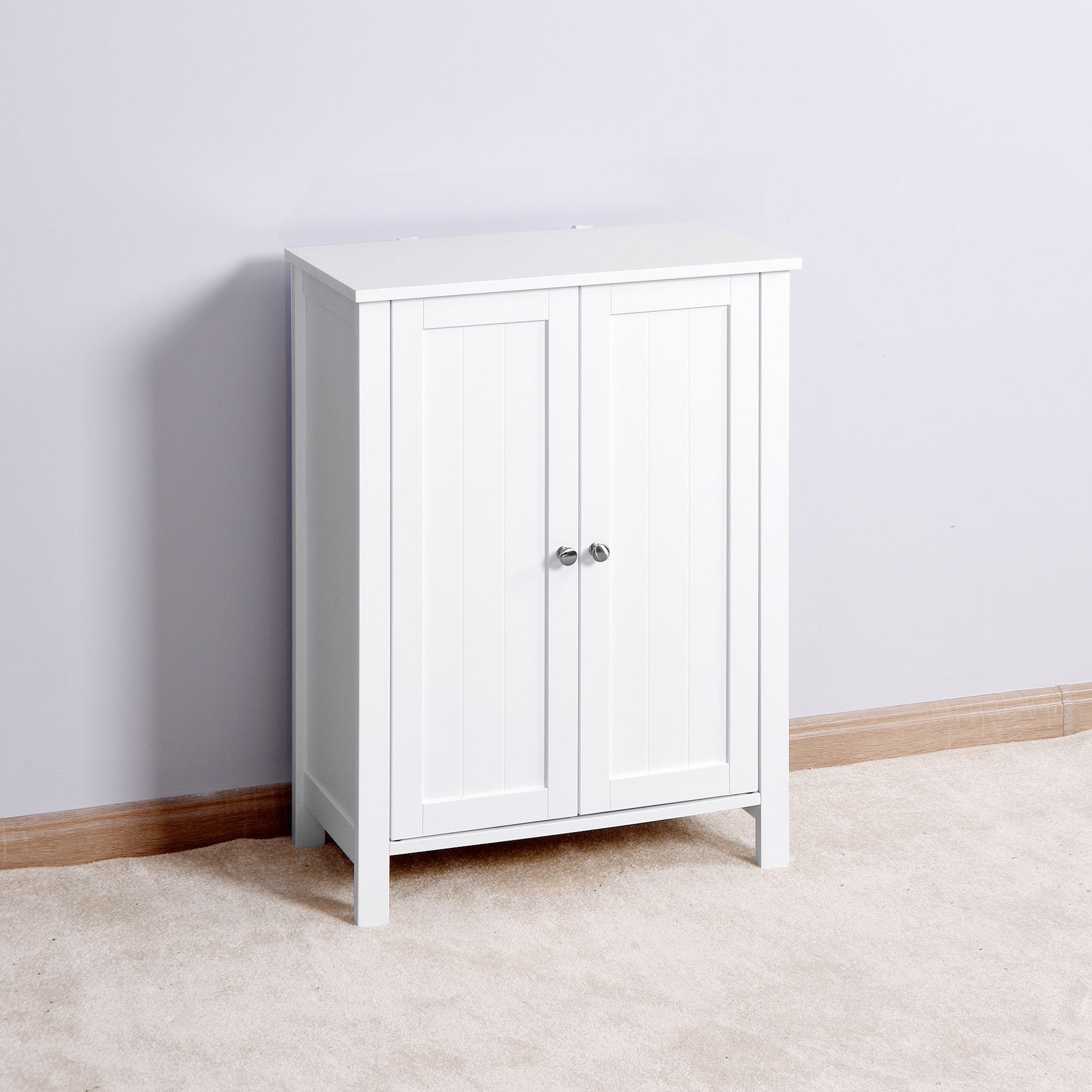 Bathroom Floor Storage Cabinet With Double Door Adjustable Shelf, White White Mdf