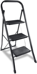 Yssoa 3 Step Ladder, Folding Step Stool With Wide Anti Slip Pedal, 330 Lbs Sturdy Steel Ladder, Convenient Handgrip, Lightweight, Portable Steel Step Stool, Black Hiladdfold3B Black Metal